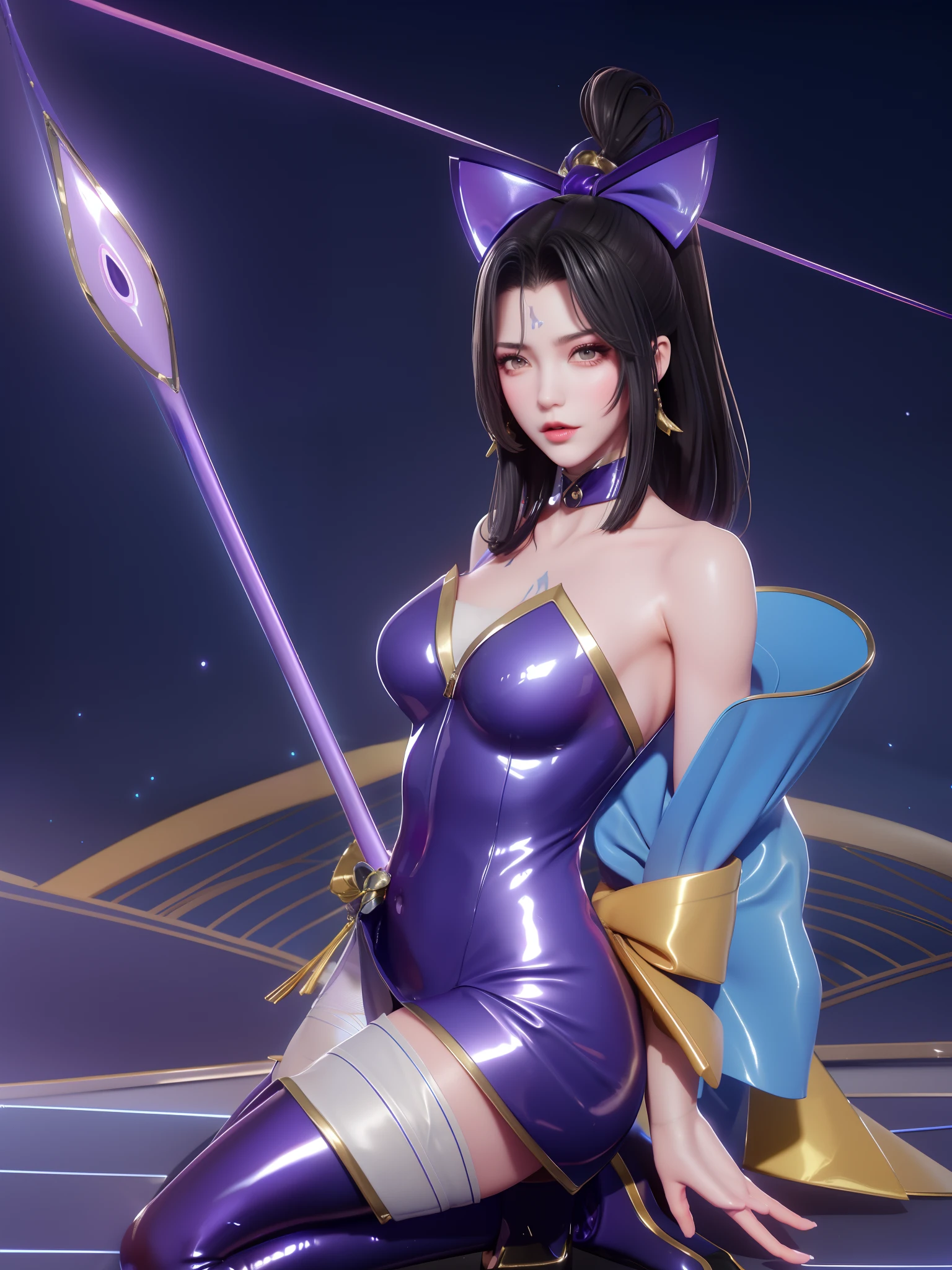 1girl, mature female, looking at viewer, cityscape, night, WZRYhuowuMY,hair ornament, sash, bow,jewelry, kimono, short skirt,forehead mark, hait stick,high ponytail, arms behind back, bare shoulders,Allalyn in shiny purple cat suit sitting on the floor, latex shiny, wearing atsuko kudo latex outfit, wearing tight suit, smooth purple skin, Purple body, shiny metallic glossy skin, shiny plastic, futuristic glossy latex suit, shiny plastic armor, shiny glossy skin, tight full body suit, Wearing latex, shiny and metallic, Glowing purple, Glossy　open one's legs　M-shaped legs　angry expressions　sullenness