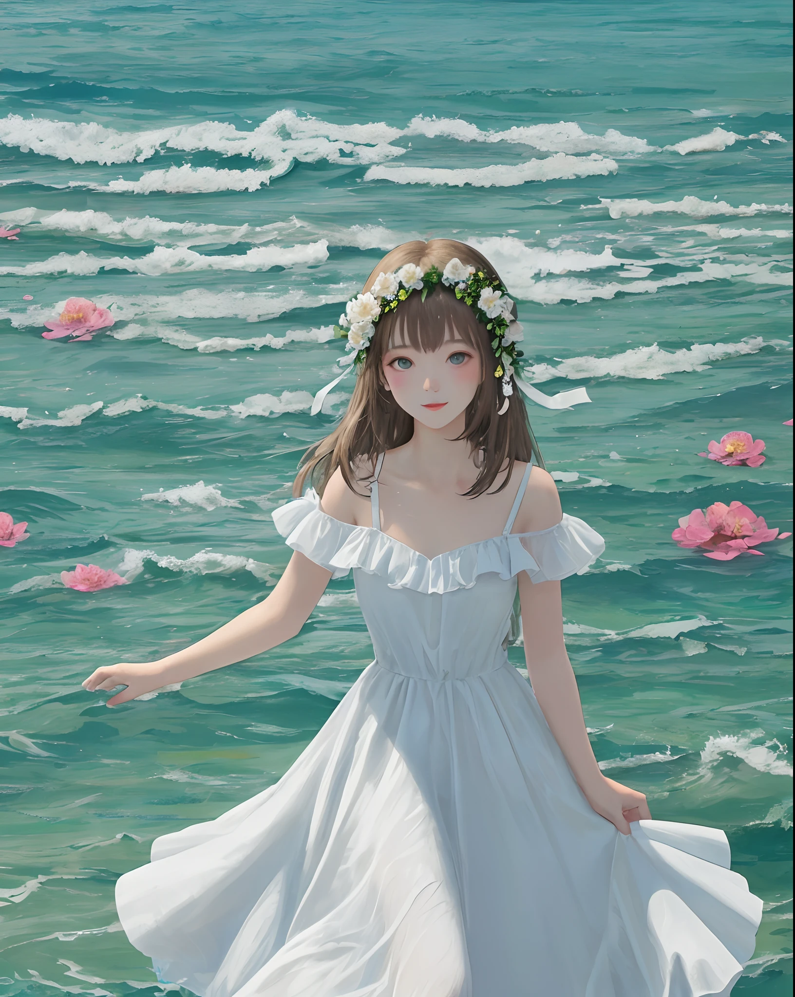 Girl in a white dress flowers blooming in the sea