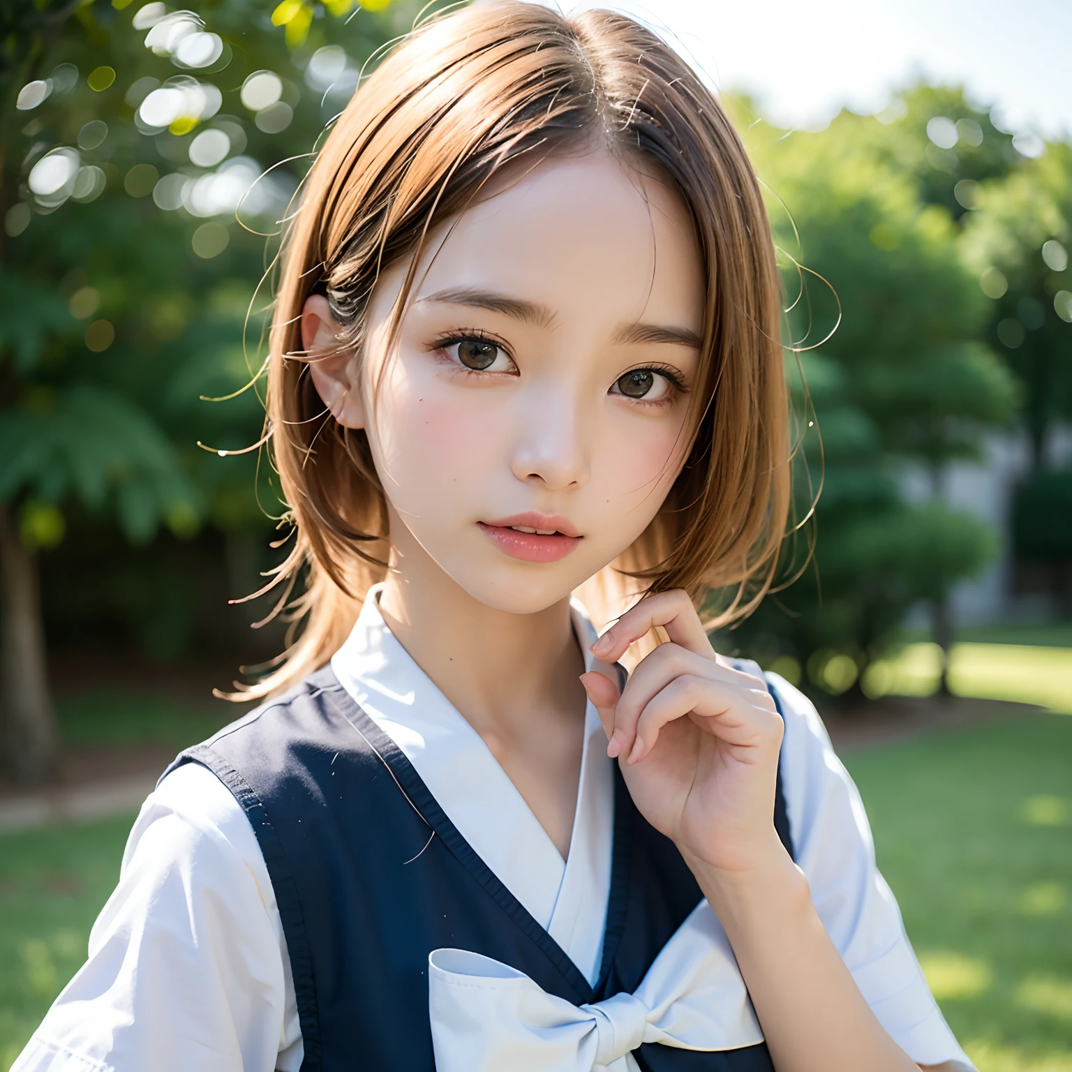 (masutepiece, Best Quality:1.2), 8K, Official art, Raw photo, Full Bord Bill Four、The front of the uniform is open、I have a bag、Going to school、Wagas、walk、Beautiful breasts are thin、years、small tits、unbelievable Ridiculous, (Upper body、校服:1.4), Beautiful Girl, Pretty Face, arching back down,、Gold hair ornament on hair、close up, Sailor Suit, Short sleeve, violaceaess, Teen, Looking at Viewer, Film grain, chromatic abberation, Sharp Focus, face lights, Dynamic lighting, Cinematic lighting, Eyes and faces with detailed, Bokeh background,