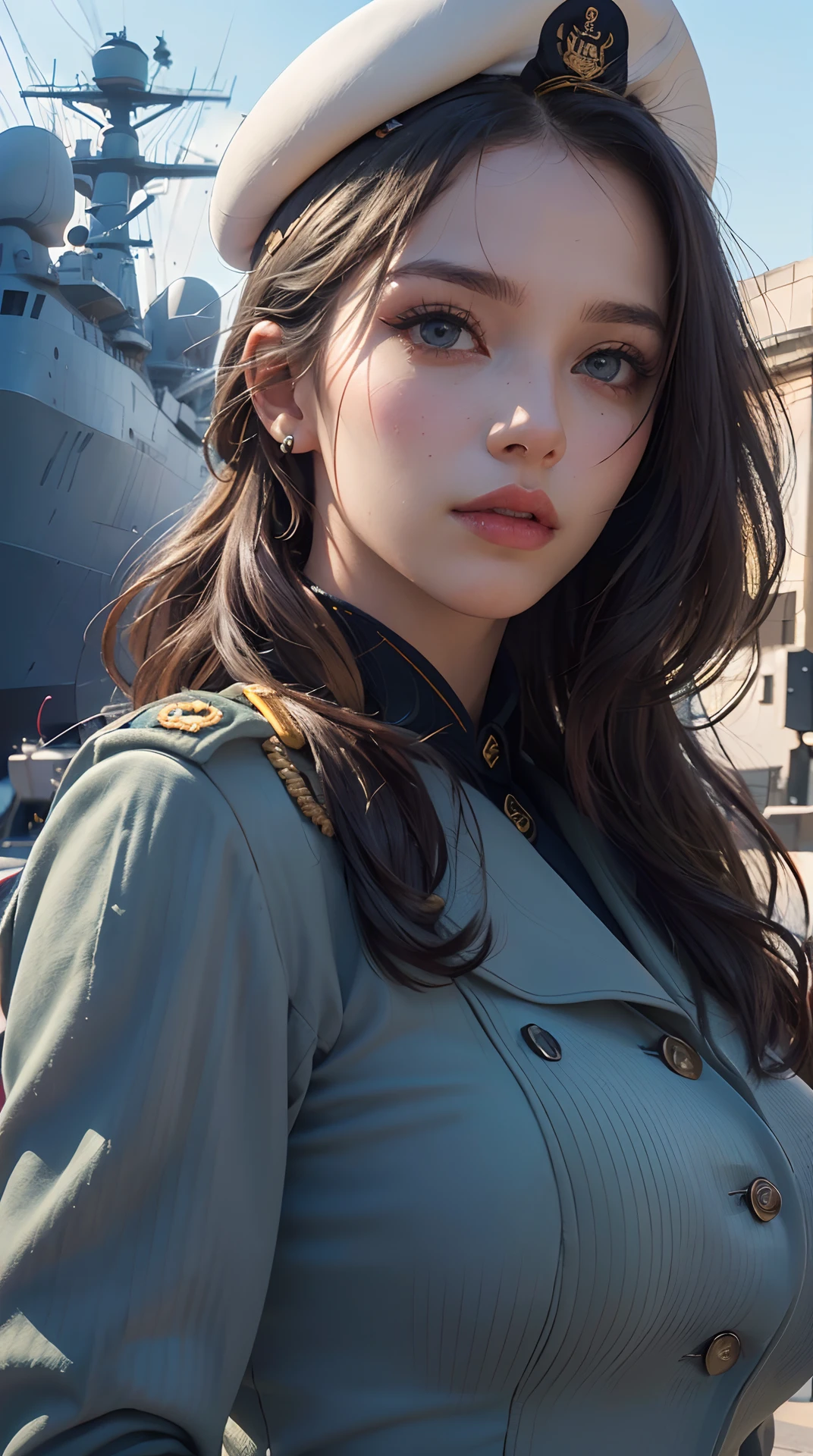 (best quality,4k,8k,highres,masterpiece:1.2), ultra-detailed, (realistic,photorealistic,photo-realistic:1.37), (beautiful detailed eyes, beautiful detailed lips, extremely detailed eyes and face, long eyelashes), studio lighting,physically-based rendering,vivid colors, (big tits, super big tits, super extra big tits), (military or naval uniform:1.5),