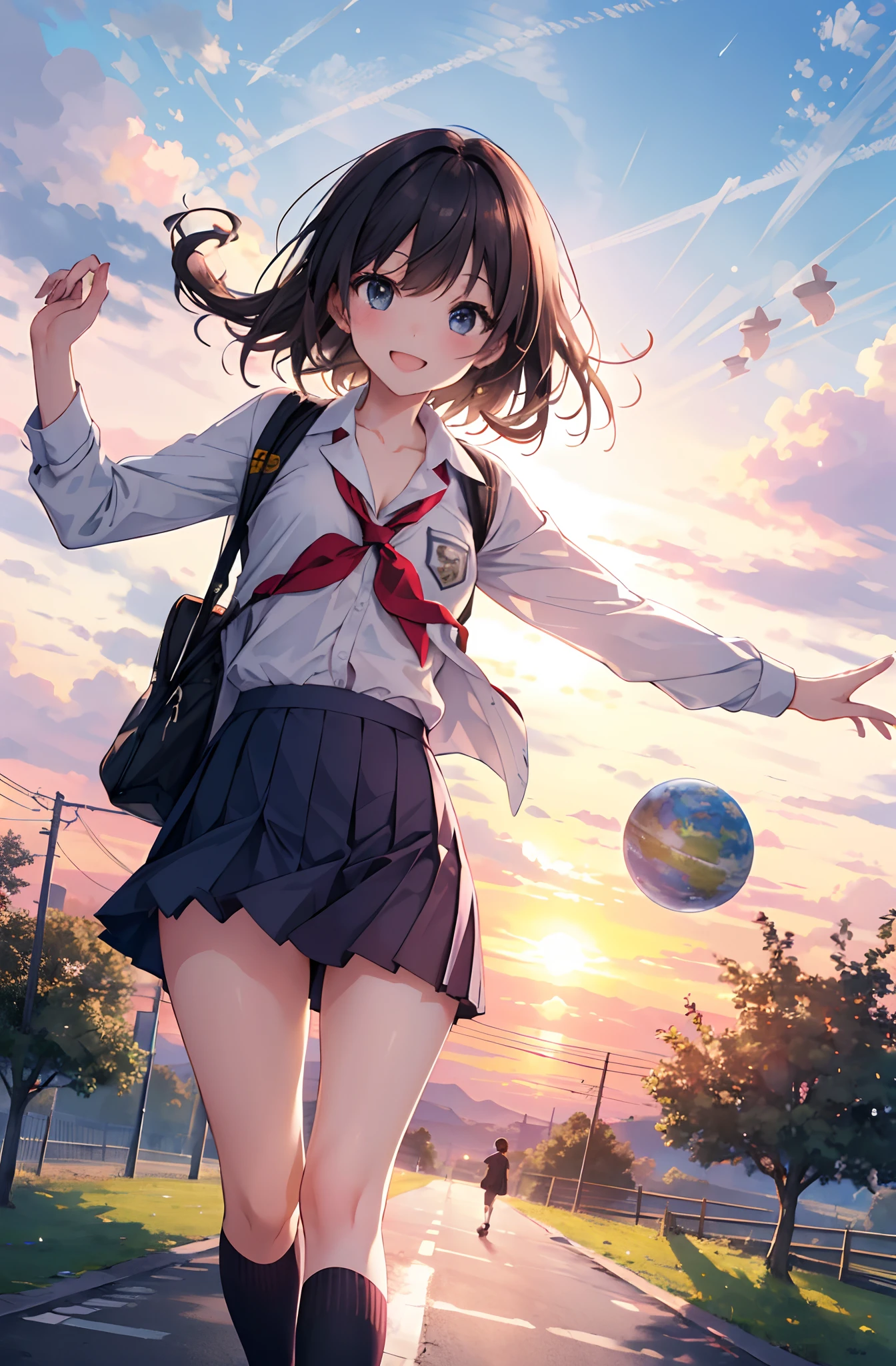 Masterpiece, Best quality, 1girll, school uniform, En plein air,  joyful smile, Unbuttoned, Escape from school, Sunset, Futuristic countryside, Two planets in the sky, Living in another world