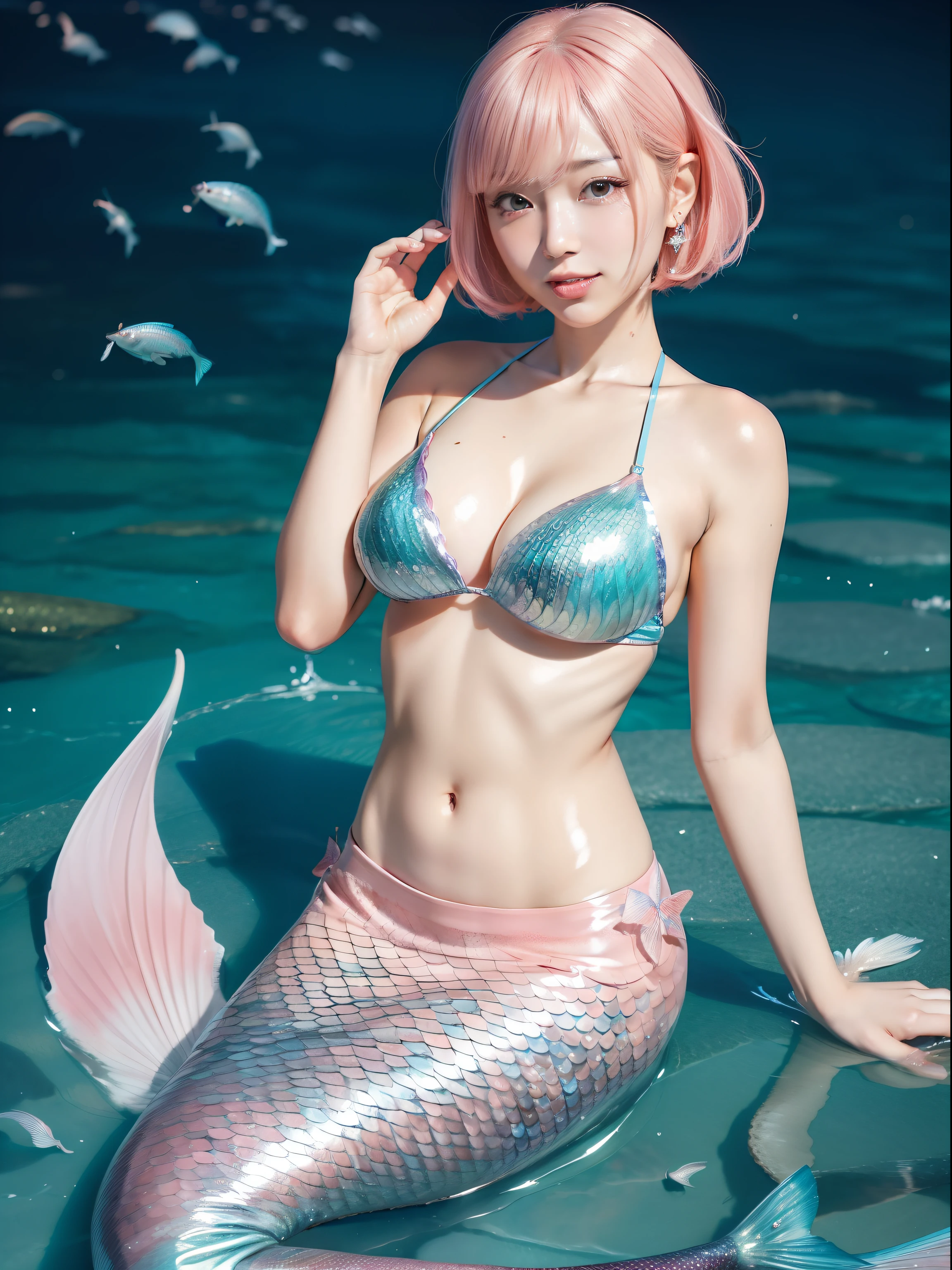 masutepiece,A hyper-realistic,32K,the Extremely Detailed CG Unity 8K Wallpapers, Best Quality,(beautiful japanese female),short-hair,((Latex mermaid skirt mixed with light pink and blue)),latex bikini,(((Fish scales))),Cramped dresses,Skin fit,(low angles), Flashy makeup,(Film Overlay:1.3),Mouth open,A smile,Gichigichi,(With ice)