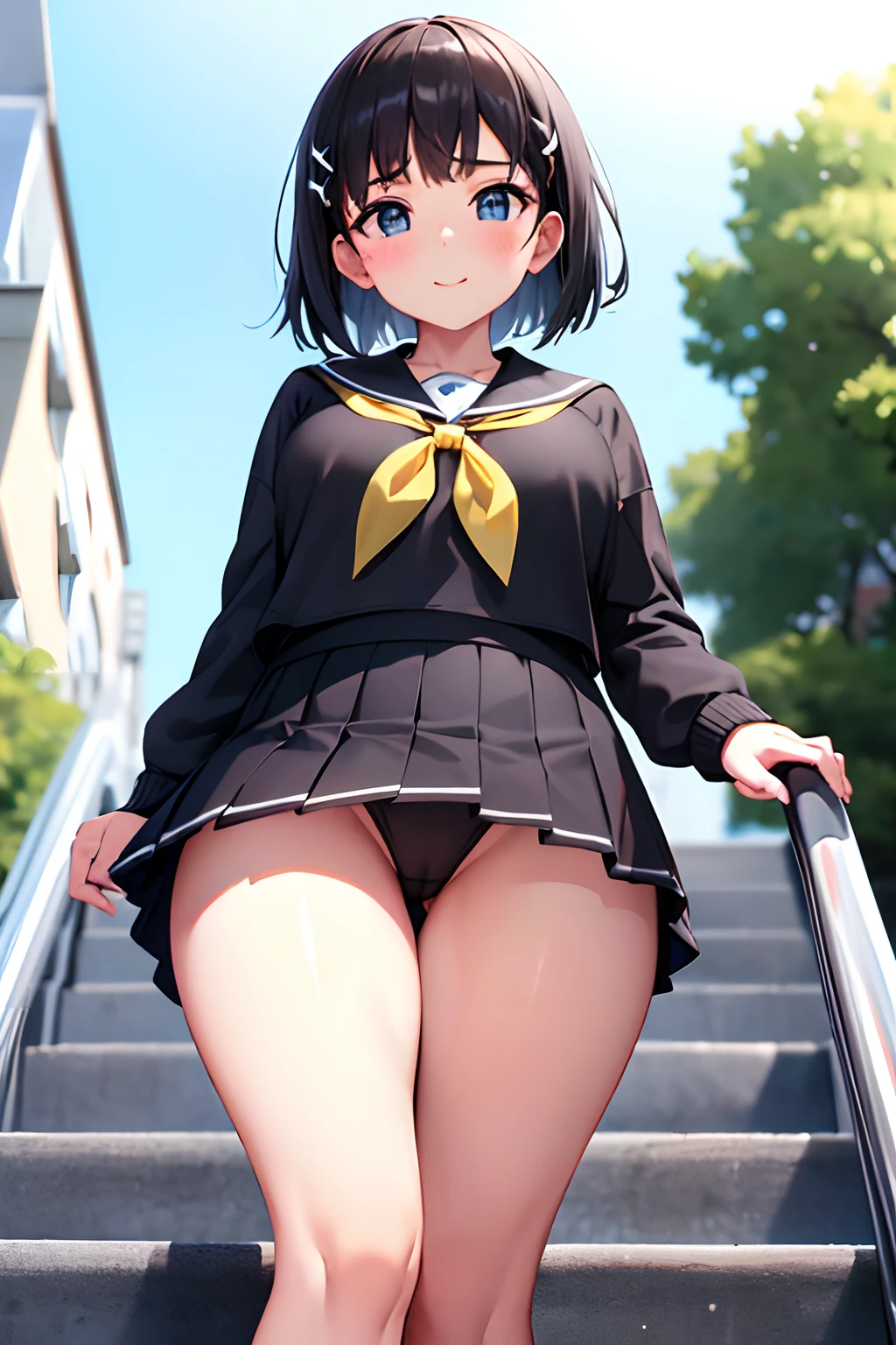 Best Quality, High resolution, Unity 8k壁纸, (Illustration:0.8), Perfect Lighting, extremely details CG, (Perfect hands, Perfect Anatomy),masutepiece, Best Quality, hight resolution, nffsw, Short hair, hair clips, Large breasts, grey sweater, black sailor collar, Yellow neckerchief, Black skirt, Outdoors、A smile、、Stand on the escalator, [Silky white panties visible through the skirt], (Thigh gap, Thigh Focus:1.3), BREAK, (By up escalator), (Looking to the future:1.3), (lower body shot, View from below, View from the front:1.5), very low - angle,、red blush、Surprised,、embarrassed from、