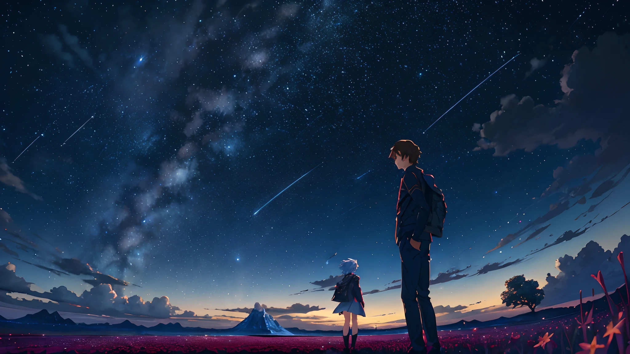 By Shinkai Makoto, Vast landscape photos , (View from below,Displays the sky above and below clear skies), Boy and girl standing in a flower field and looking up, ( meteors:0.9), (Starcloud:1.3), Far Mountain, Tree Break Production Art, (starrysky:1.2), (firefly:1.2), Starry sky
