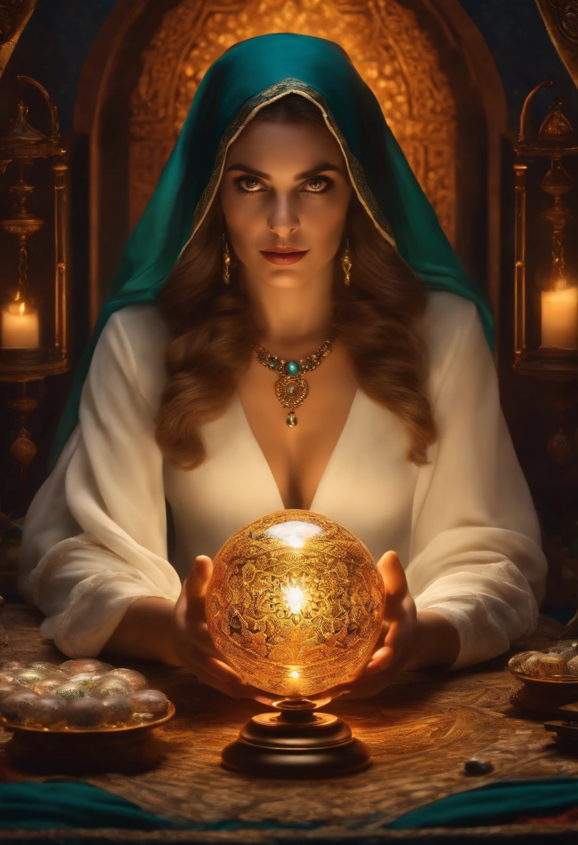 uma mulher velha em um manto branco, With both hands holding a crystal ball, e com os olhos voltados para a frente, Sitting near a tarot table, She's looking forward