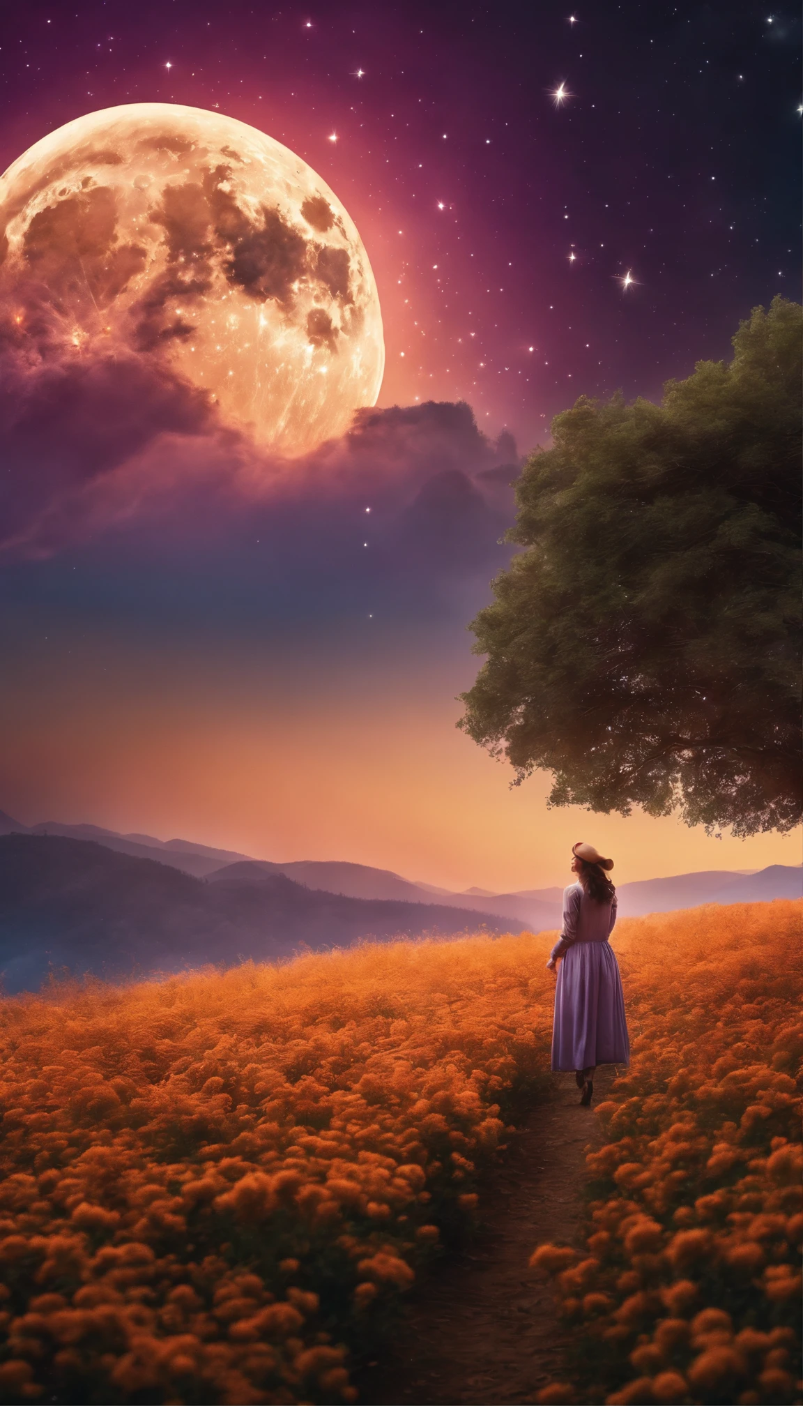 A wide landscape photo, (viewed from below, the sky is above, and the open field is below), a girl standing on a flower field looking up, (full moon: 1.2), (meteor: 0.9), (nebula: 1.3), distant mountains , Trees BREAK Crafting Art, (Warm Light: 1.2), (Firefly: 1.2), Lights, Lots of Purple and Orange, Intricate Details, Volumetric Lighting BREAK (Masterpiece: 1.2), (Best Quality), 4k, Ultra Detailed, (Dynamic Composition: 1.4), Rich in Detail and Color, (Rainbow Color: 1.2), (Glow, Atmospheric Lighting), Dreamy, Magical, (Solo: 1.2)