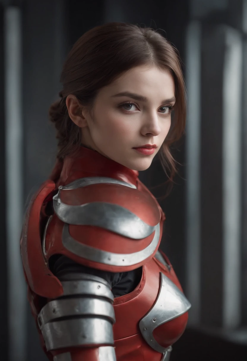 (Master parts), (best qualityer), rendering, Realistic, ultra - detailed, perfect  face, perfect bodies, 1 Tape, Beautiful girl, Girl in red armor, Mechanical armor, exoskeleton, Stand, Strike a legal pose, Sexy, Watching from behind