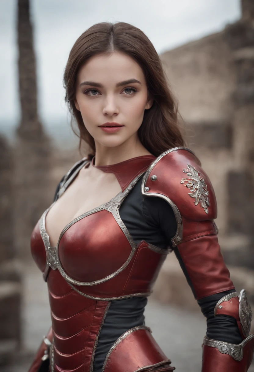 (Master parts), (best qualityer), rendering, Realistic, ultra - detailed, perfect  face, perfect bodies, 1 Tape, Beautiful girl, Girl in red armor, Mechanical armor, exoskeleton, Stand, Strike a legal pose, Sexy, Watching from behind