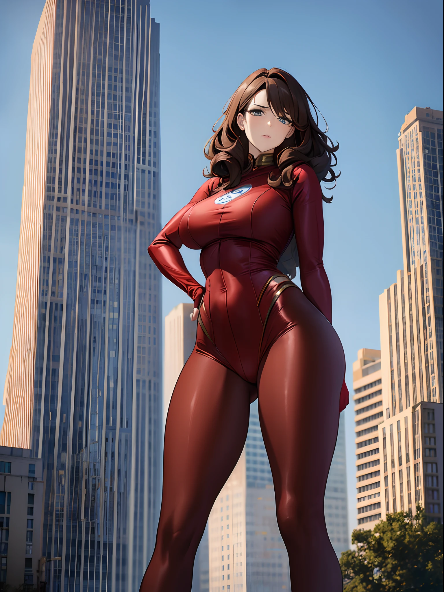 A woman 50 feet tall, 28 years old, Superhero, Medium hair, Curly hair, Brown hair, ((Tall than a building)),Red tights,A nervous expression,Fighting posture