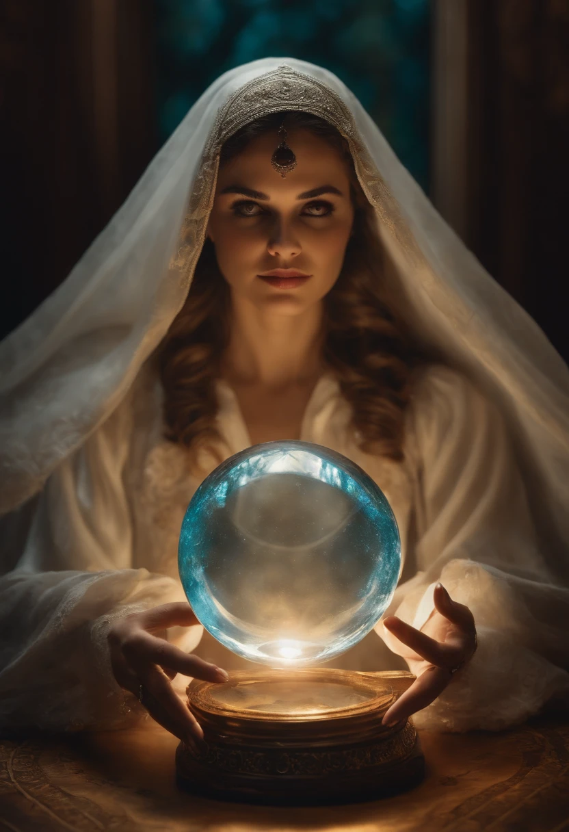 uma mulher velha em um manto branco, With both hands holding a crystal ball, e com os olhos voltados para a frente, sentada perto de uma mesa de tarot, tem que ser uma velhinha