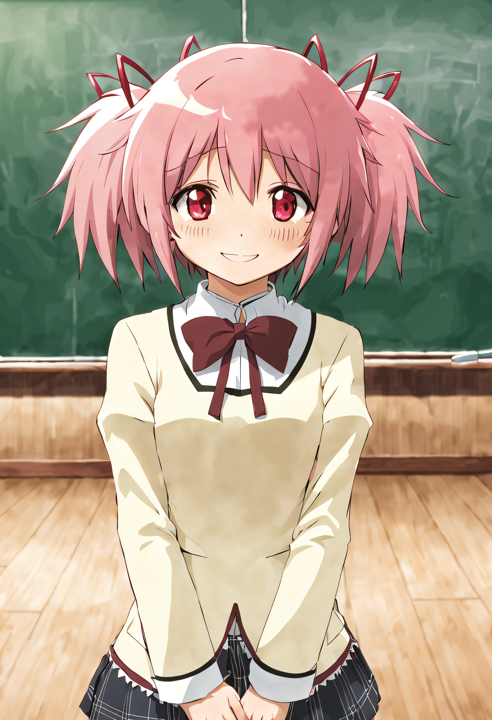 kaname madoka,school uniform,red bow,smile,classroom,indoors,