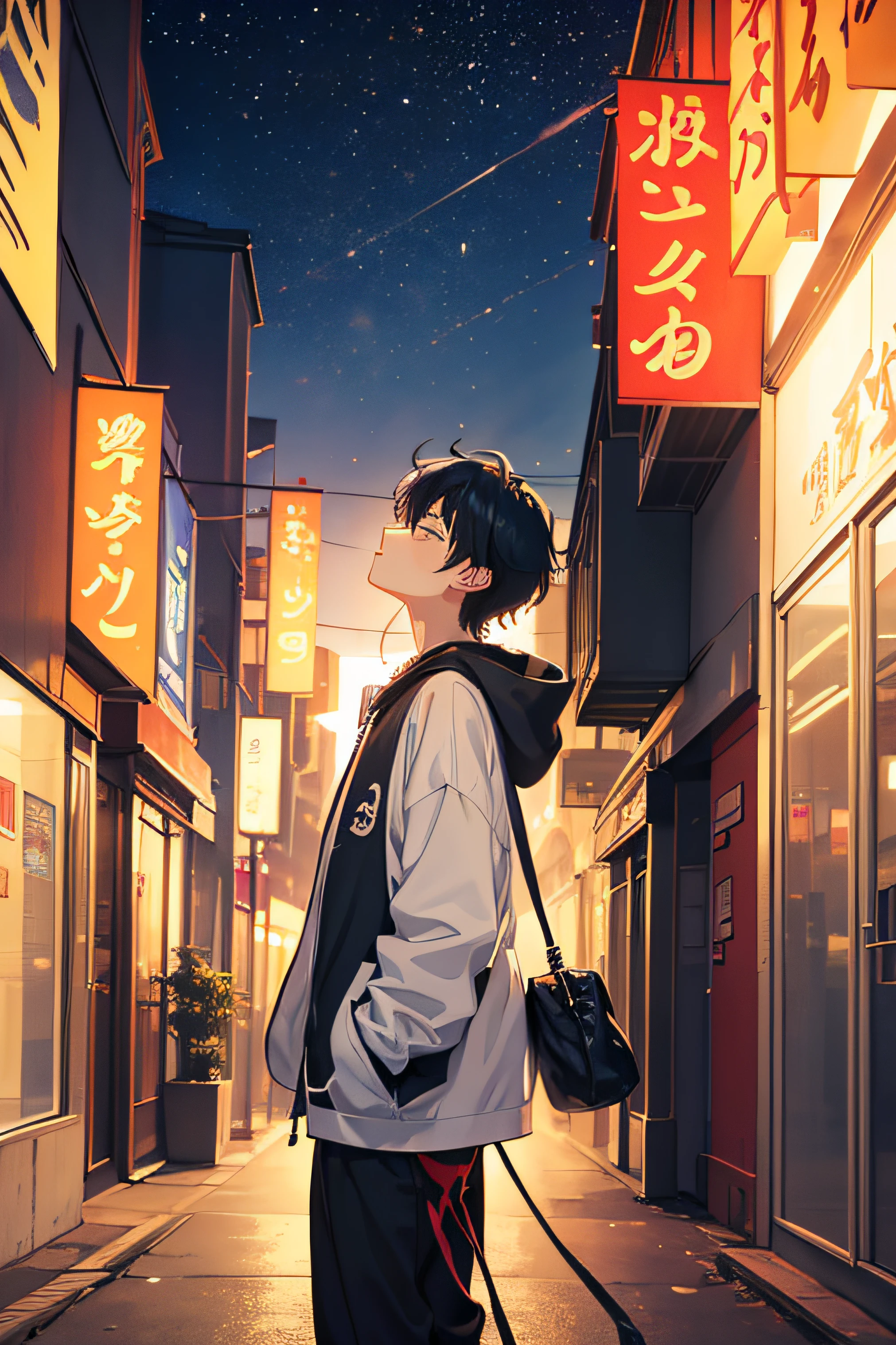 In the vibrant world of anime, a young boy with a passion for music and a pair of stylish headphones adorns his ears, immersing himself in a world of melodies. As he strolls through the bustling cityscape, his eyes are gently closed, and a serene expression graces his face. Captivate the viewer with the ambiance of the city, its lively energy, and the fusion of sound and silence as the boy loses himself in the tunes of his playlist. Paint a vivid picture of this anime character's journey, explore the emotions and experiences that music brings to his life, and convey the sense of connection he feels with the urban rhythm that surrounds him.