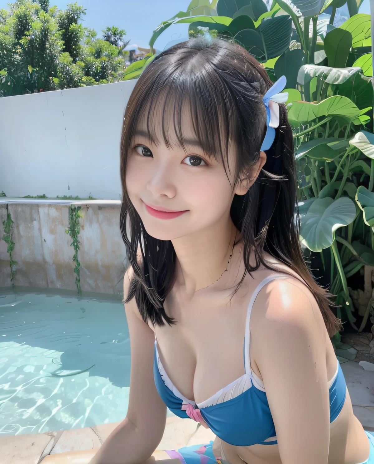 8k、(​masterpiece)、top-quality、Ultra-realistic 8K、erfect artwork、cute smile face、horizon、Mare、Eau、1 girl in、bangss、Hair bow、bare_shoulders、Mare、playing in the water、realisitic、vague、huge-breasted、breastsout、loli big boobs、18 years old with loli face、splash water、outside of house、A sexy、、Colorful rainbow string bikini、length hair、a navel、wet​、Leaning forward with hands on your knees、Emphasizes cleavage、looking at the viewers、partially underwater shots、blue sea、blue open sky、Palm trees、独奏、solofocus、Japanese ido,a smile