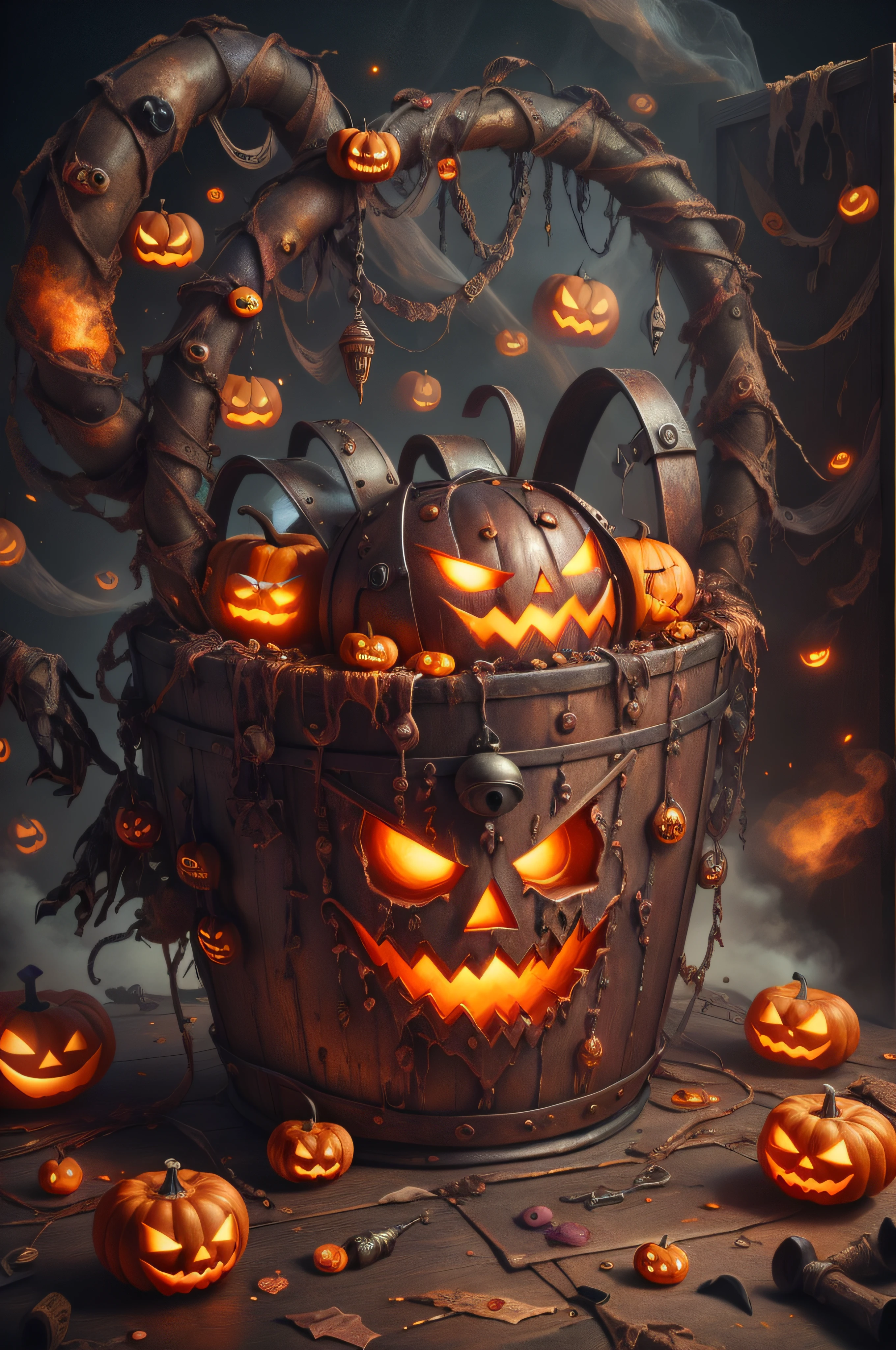 RAW Photo of HalloweenGlowStyle Copper Bucket, (Masterpiece:1.3) (best quality:1.2) (high quality:1.1)