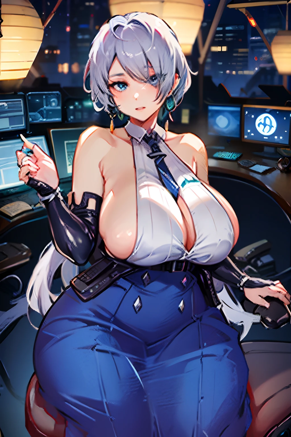 Brid nikke, nikke, sexy woman sitting on chair, massive boobs, massive breasts, white short hair, blue eyes, earrings, one girl, one woman sitting