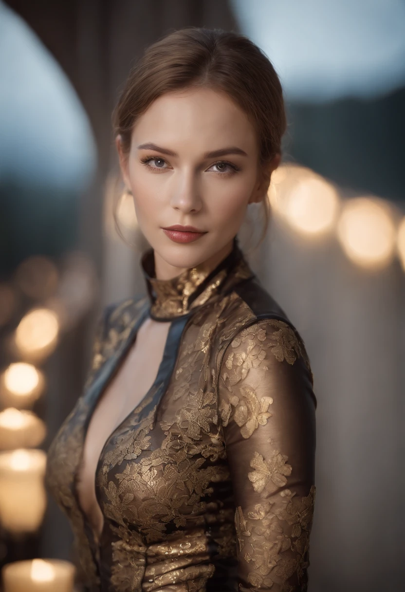 8K UHD, Beautiful woman, Curved woman, detail in face, Wear a gold lace skinny latex jumpsuit, Latex collar, latex glove, With strap long latex socks, Arm and leg cuffs, Unity8k wallpapers, ultra - detailed, foco nítido,  an beautiful