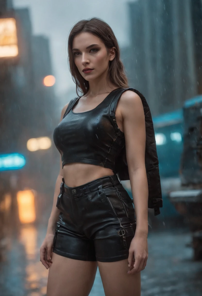 There's a woman in a black top and black shorts holding a cell phone, menina atraente, Foto cyberpunk, em cyberpunk city, modelo bonito da mulher cyberpunk, menina de anime cyberpunk feminino, no estilo cyberpunk, Cyberpunk 2 0 e. o modelo menina, em uma cidade cyberpunk, cyberpunk menina bonita, estilo cyberpunk hiper-realista, Garota cyberpunk, (seios gigantescos 1.4), bunfa grandre(2.1), noite(It's rainy), cabelo ruivo, roupa muito justa, (realista 8k, hdr, foto-realista) extremamente detalhada