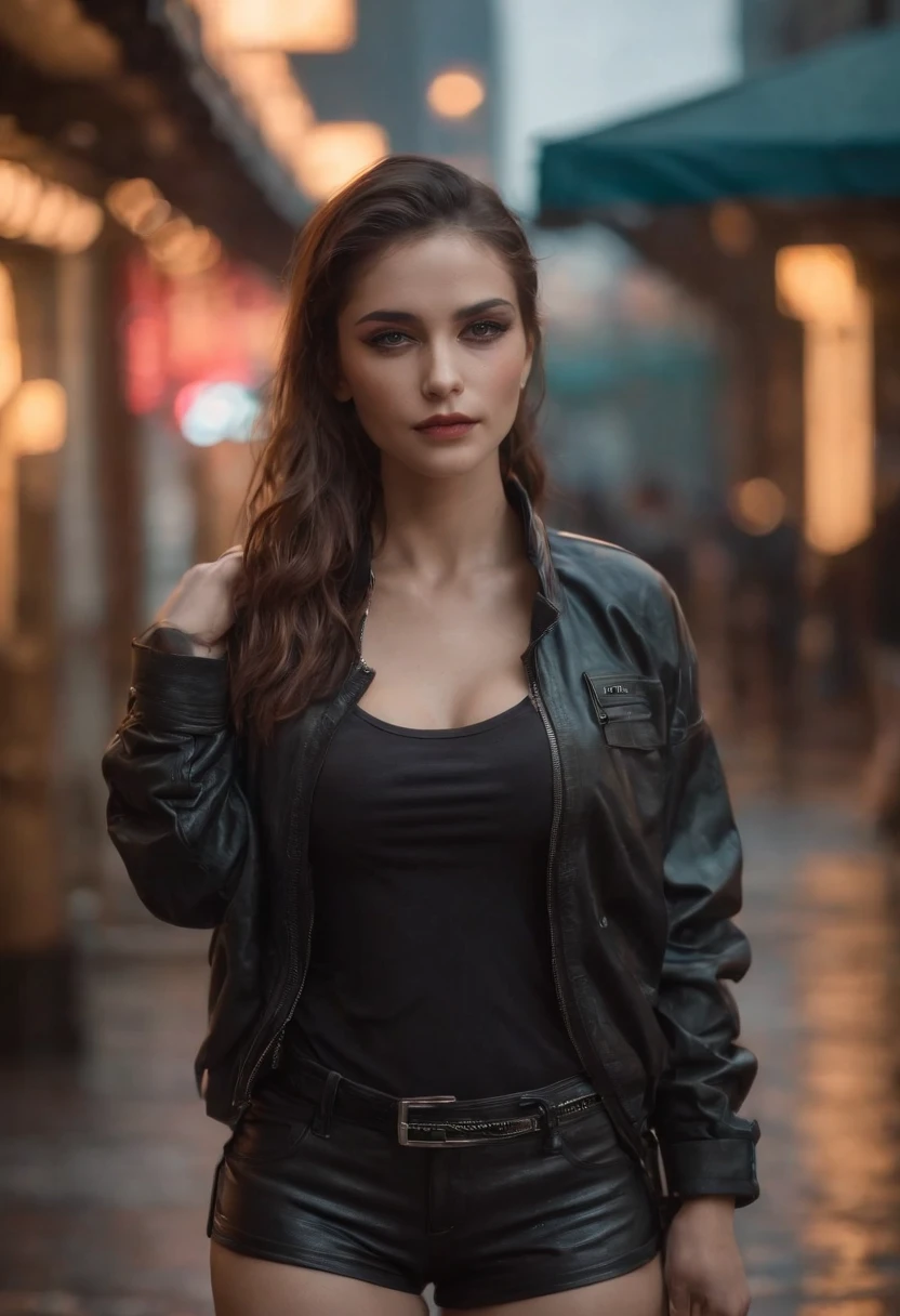 There's a woman in a black top and black shorts holding a cell phone, menina atraente, Foto cyberpunk, em cyberpunk city, modelo bonito da mulher cyberpunk, menina de anime cyberpunk feminino, no estilo cyberpunk, Cyberpunk 2 0 e. o modelo menina, em uma cidade cyberpunk, cyberpunk menina bonita, estilo cyberpunk hiper-realista, Garota cyberpunk, (seios gigantescos 1.4), bunfa grandre(2.1), noite(It's rainy), cabelo ruivo, roupa muito justa, (realista 8k, hdr, foto-realista) extremamente detalhada