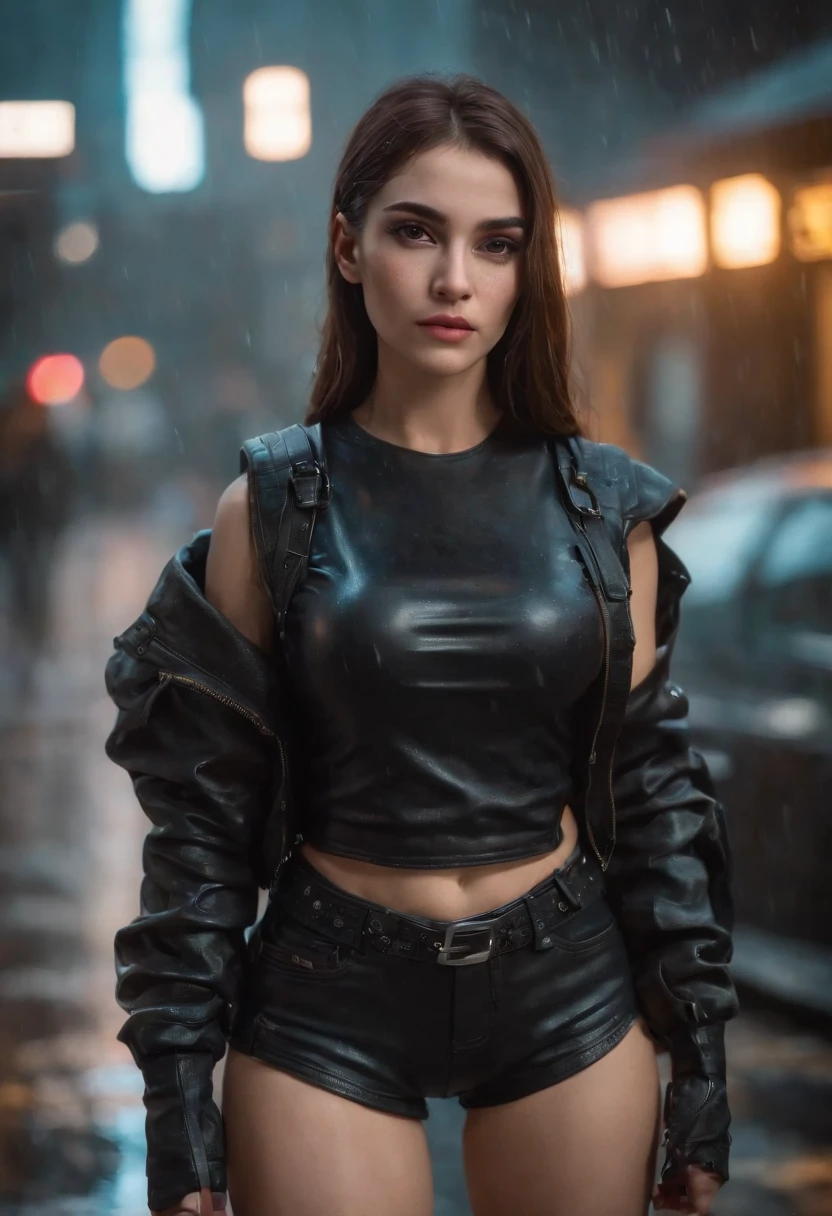 There's a woman in a black top and black shorts holding a cell phone, menina atraente, Foto cyberpunk, em cyberpunk city, modelo bonito da mulher cyberpunk, menina de anime cyberpunk feminino, no estilo cyberpunk, Cyberpunk 2 0 e. o modelo menina, em uma cidade cyberpunk, cyberpunk menina bonita, estilo cyberpunk hiper-realista, Garota cyberpunk, (seios gigantescos 1.4), bunfa grandre(2.1), noite(It's rainy), cabelo ruivo, roupa muito justa, (realista 8k, hdr, foto-realista) extremamente detalhada