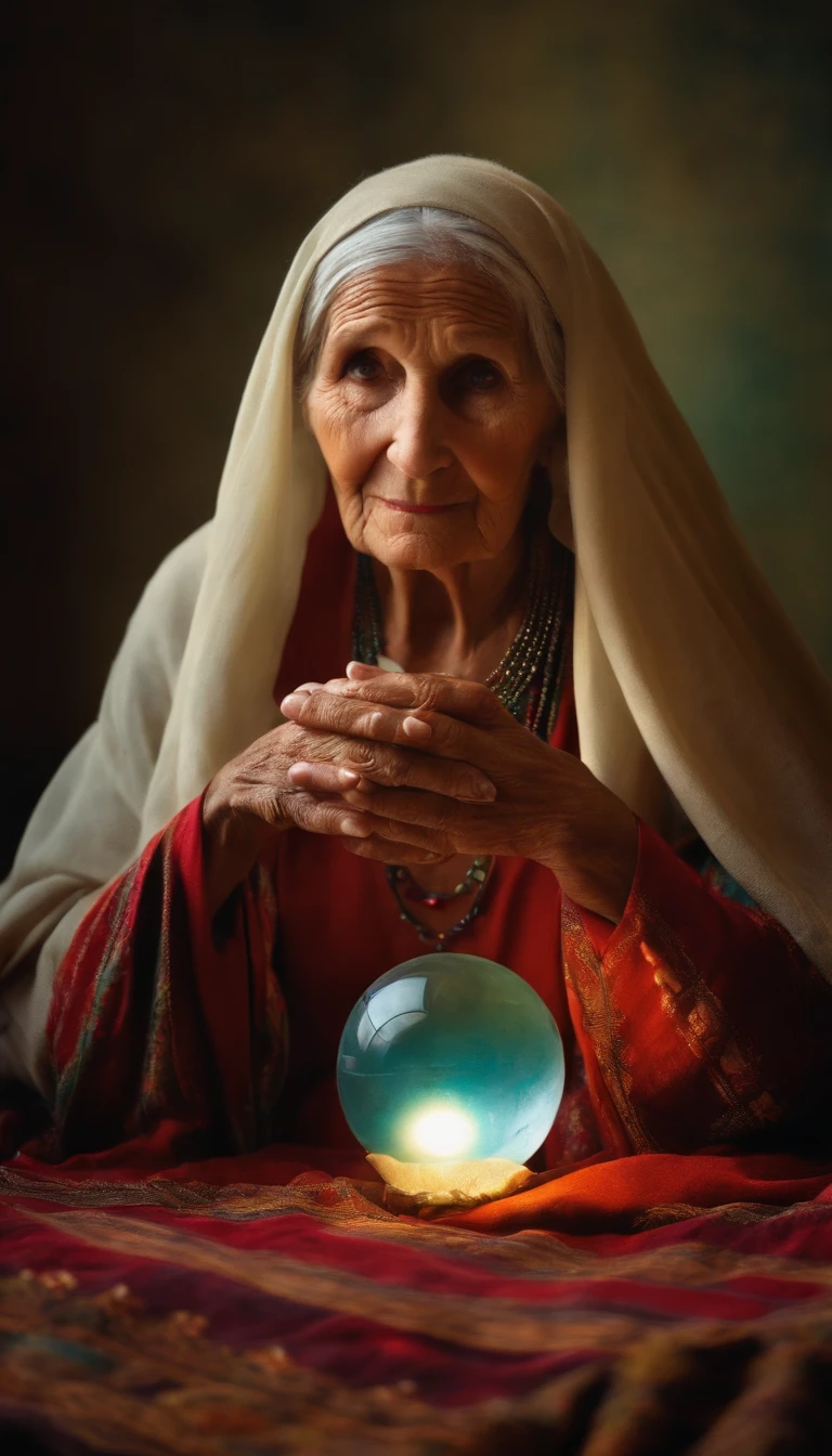An old woman with a crystal ball and a cloth on her head, olhando pra frente