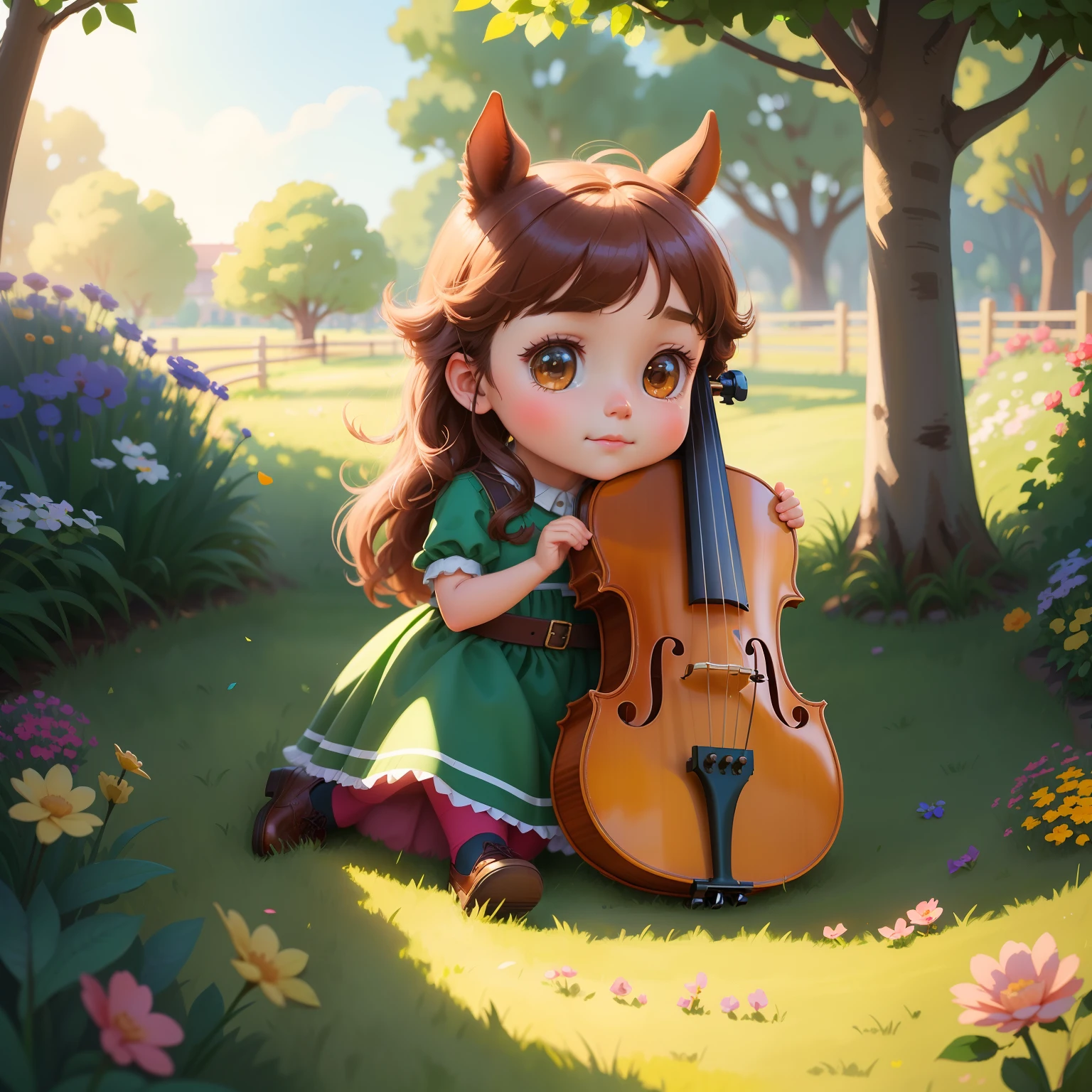 There was a girl holding a horse's head piano on the grass, lovely digital painting, Cute detailed digital art, adorable digital art, childrens art in artstation, cello, Artgerm and Atey Ghailan, atey ghailan 8 k, cute artwork, Stylized anime, official fanart, advanced digital chibi art, lovely art style, Beautiful digital illustration