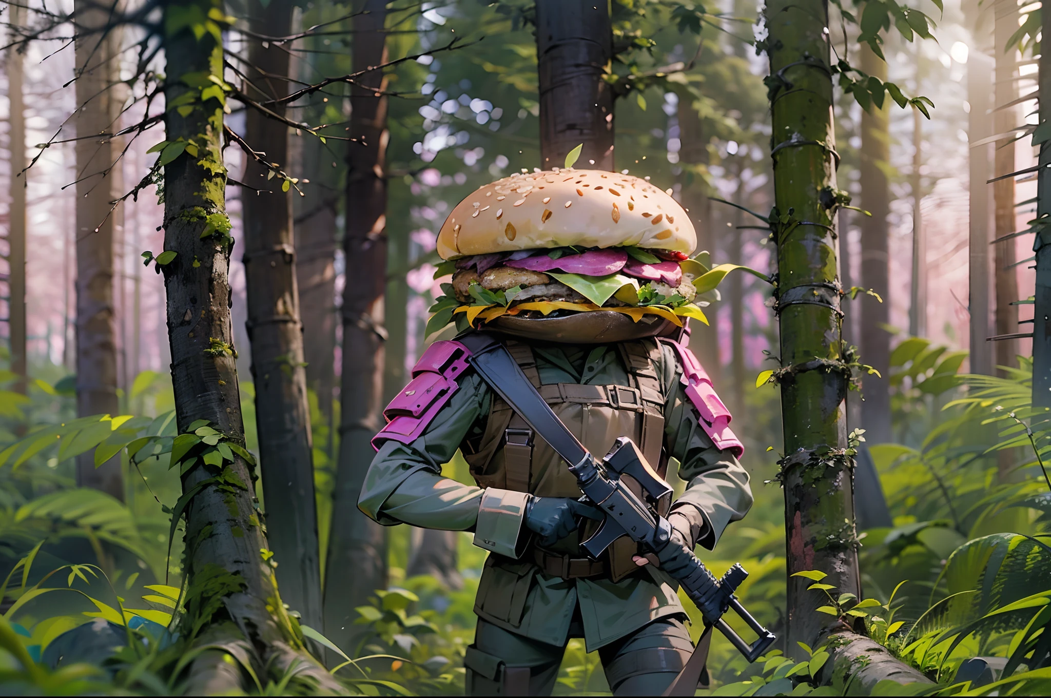 A pink forest，There are armies of anthropomorphic hamburgers everywhere, Each hamburger soldier carries a weapon. Even the leader held a huge metal shield. They are neatly arranged，Sequence through the jungle，And disappear from the portal at the end of the forest，

Labels: (Best quality, 4K, A high resolution, Masterpiece:1.2), Ultra-detailed, Realistic:1.37, Pink Forest, hamburgers, Army, Weapons, leader, metallic shield