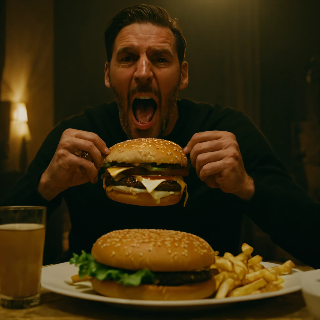 a man opens his mouth to a  huge steaming burger  ,teeth,  Cinematic Shot ，((Masterpiece, best quality,edgQuality))，on a dinner table