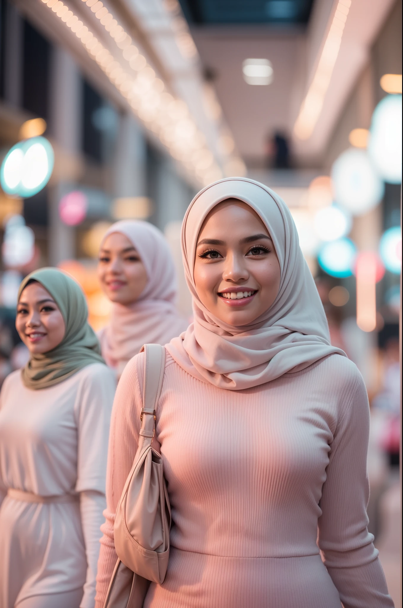 Portrait photography of 3 beautiful young malay girl in hijab wearing pastel color Solid Rib-Knit Bodycon Dress walking, catwalk, nighttime, crowded mall background, bright lighting, smile and happy gesture, 8k, high quality, ultra detail, movie shot framing,