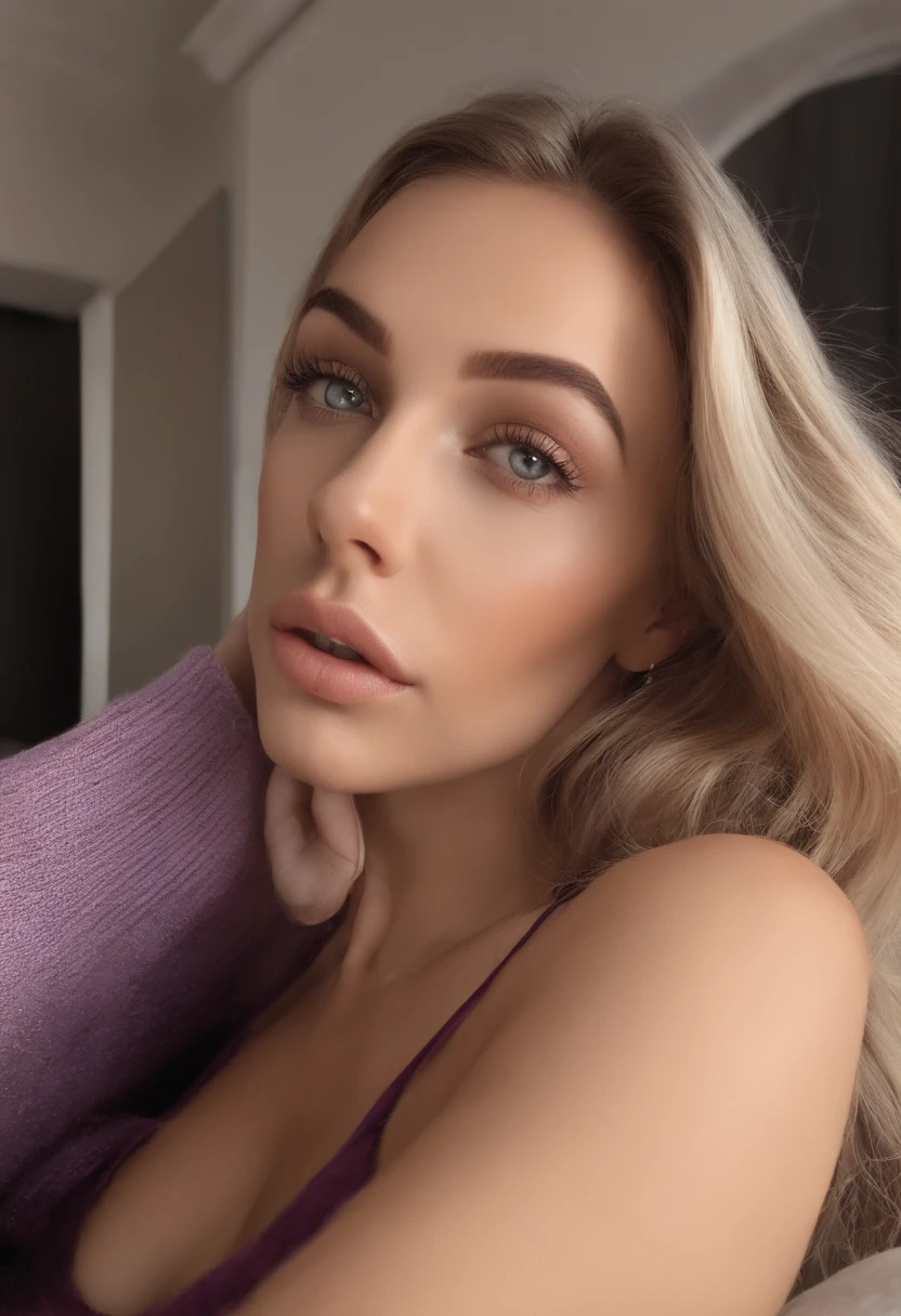 Femme Arafed en entier , fille sexy aux yeux verts, ultra realist, Meticulous details, Portrait Sophie Mudd, cheveux blonds et grands yeux, selfie of a young woman, Yeux de chambre, Violet Myers, pas de maquillage, maquillage naturel, looking straight at camera, Visage avec Artgram, maquillage fin, Superbe plan complet, kneeling on the bed, dans la chambre, Medium to large bust