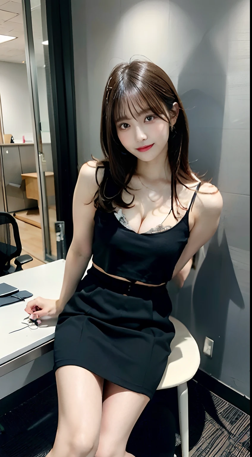 1girl in,Modern office room,sit on a chair with one's legs crossed,(((From below))),((Feet)),Leaning back,Sitting,crossed legs,beautiful foot,Beautiful legs,(Curve:1.1), Sitting at an office desk and crossing your legs, Office, (Full body shot:1.1), pencil skirts, Office Uniform, (crossing legs and Sitting on the desk),(Cross-legged pose sitting at office desk in office)),(((Full body))),((Wear white high heels)),((Wearing a white tube top)),((Wearing a tight white mini skirt)),(Slender body),A little underwear is visible,White underwear, model with attractive body, (Colossal tits), ((cleavage of the breast)),(( nippleless)),Japan Person Model,(((Beautiful expression))),(((big eye))),(((Beautiful eyes))),(((long lashes))),((Beautiful teeth alignment)),Sultry body with sexy belly, Gorgeous young Korean woman, Japanese Models, gorgeous chinese model, Attractive body, Beautiful Asian Girl, photo of slim girl model, beautiful Korean women, Beautiful young Korean woman, Sexy body, Sexy Girl, Beautiful body and face, Korean Girl、Sensual black underlight brown hair, Brown hair, Floating hair, oblique bangs, asymmetrical bangs, ssmile, depth of fields, One-person viewpoint,85 mm, canon, F/1.2, foreshortening, nffsw, retinas, masutepiece, ccurate, Anatomically correct, Textured skin, Super Detail, high details, High quality, awardwinning, Best Quality, hight resolution, 1080p, hard disk, 4K, 8K,((FULL ANATOMY))a woman with long hair is posing for a picture, a polaroid photo by Lü Ji, instagram, rayonism, anime, pretty, anime aesthetic