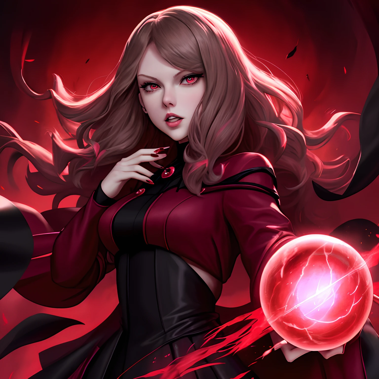 Taylor Swift as The Scarlet Witch corrupted by the Dark Hold, fingertips stained with black ink, wearing the original Scarlet Witch's tiara, red energy orbs on her hands, red eyes from using her power to attack