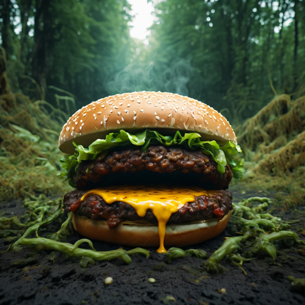 A monster bent down，Open your mouth to a huge steaming burger on the ground，fisheyelens，Cinematic Shot ，((Masterpiece, best quality,edgQuality))，husk