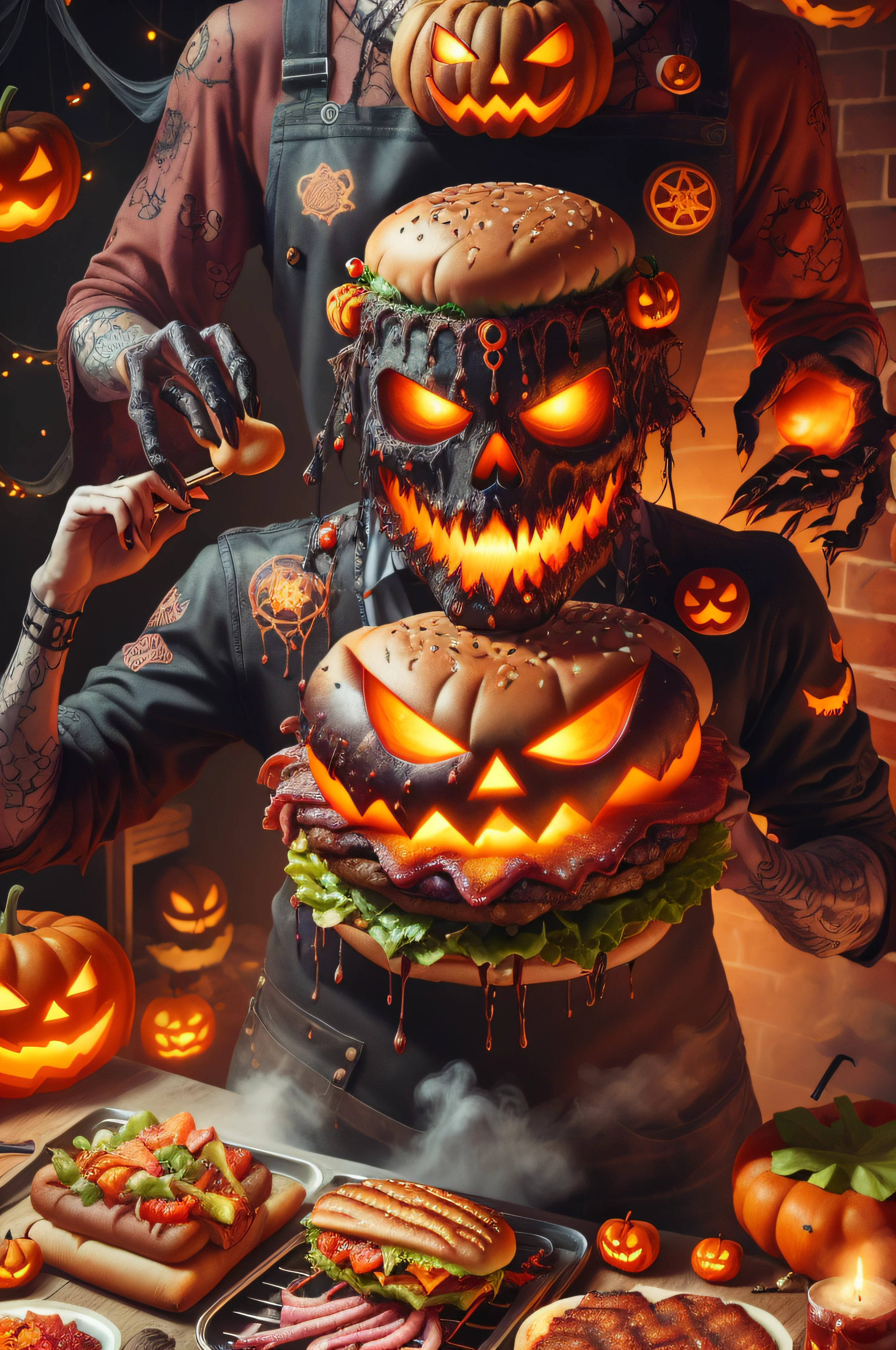 RAW Photo of HalloweenGlowStyle Red a lively summer BBQ party, burgers and hot dogs on the grill, (Masterpiece:1.3) (best quality:1.2) (high quality:1.1)