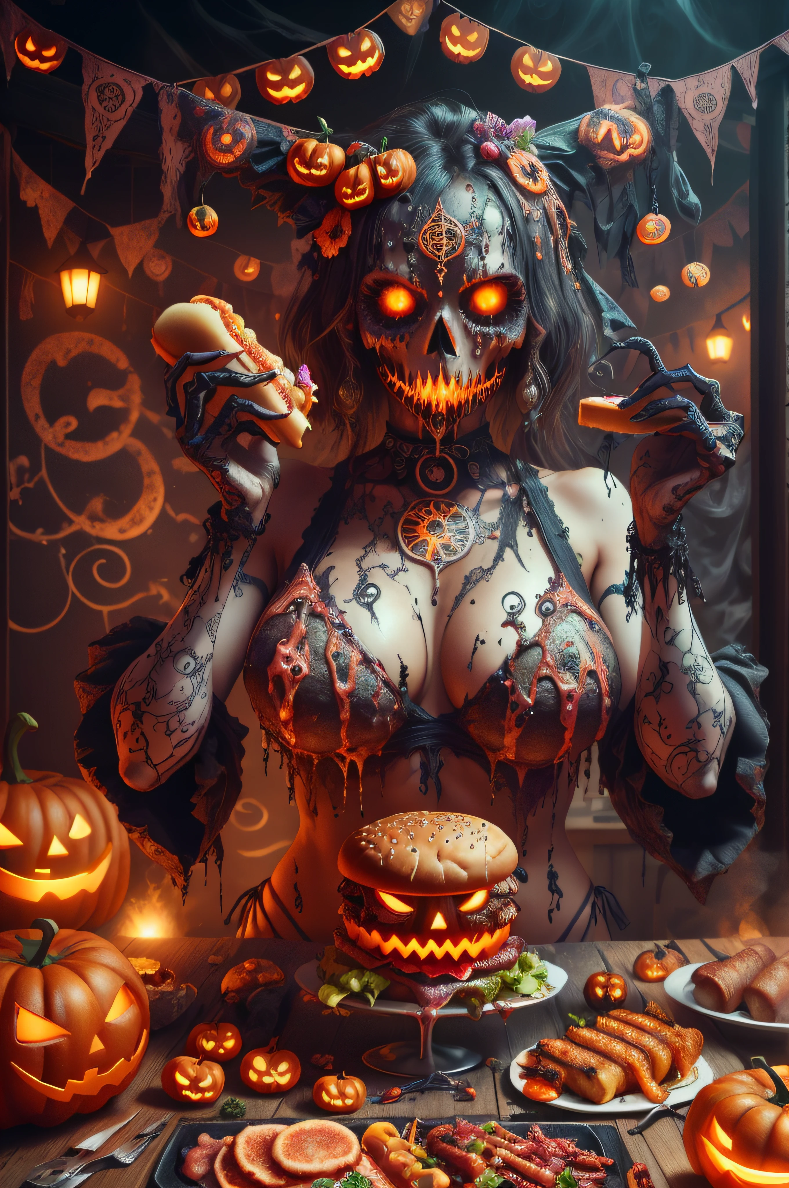 RAW Photo of HalloweenGlowStyle Red a lively summer BBQ party, burgers and hot dogs on the grill, (Masterpiece:1.3) (best quality:1.2) (high quality:1.1)