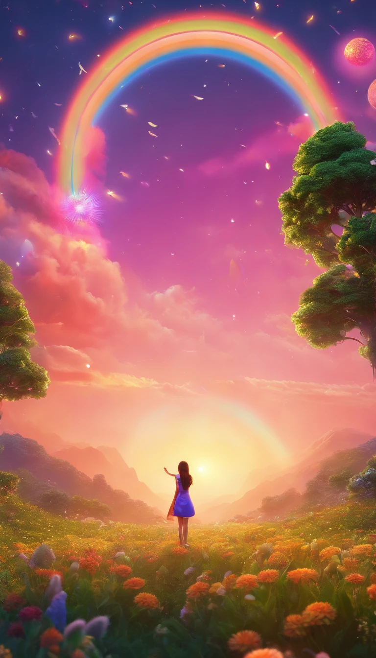 A wide landscape photo, (viewed from below, the sky is above, and the open field is below), a girl standing on a flower field looking up, (full moon: 1.2), (meteor: 0.9), (nebula: 1.3), distant mountains , Trees BREAK Crafting Art, (Warm Light: 1.2), (Firefly: 1.2), Lights, Lots of Purple and Orange, Intricate Details, Volumetric Lighting BREAK (Masterpiece: 1.2), (Best Quality), 4k, Ultra Detailed, (Dynamic Composition: 1.4), Rich in Detail and Color, (Rainbow Color: 1.2), (Glow, Atmospheric Lighting), Dreamy, Magical, (Solo: 1.2)