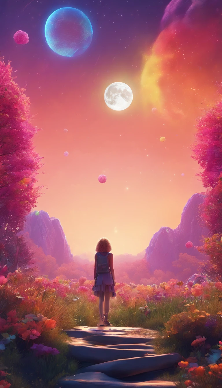 A wide landscape photo, (viewed from below, the sky is above, and the open field is below), a girl standing on a flower field looking up, (full moon: 1.2), (meteor: 0.9), (nebula: 1.3), distant mountains , Trees BREAK Crafting Art, (Warm Light: 1.2), (Firefly: 1.2), Lights, Lots of Purple and Orange, Intricate Details, Volumetric Lighting BREAK (Masterpiece: 1.2), (Best Quality), 4k, Ultra Detailed, (Dynamic Composition: 1.4), Rich in Detail and Color, (Rainbow Color: 1.2), (Glow, Atmospheric Lighting), Dreamy, Magical, (Solo: 1.2)