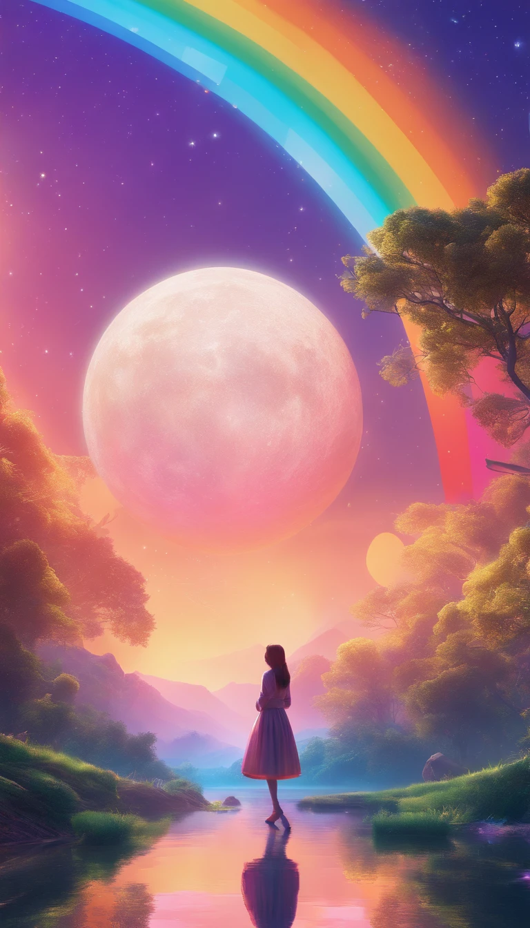 A wide landscape photo, (viewed from below, the sky is above, and the open field is below), a girl standing on a flower field looking up, (full moon: 1.2), (meteor: 0.9), (nebula: 1.3), distant mountains , Trees BREAK Crafting Art, (Warm Light: 1.2), (Firefly: 1.2), Lights, Lots of Purple and Orange, Intricate Details, Volumetric Lighting BREAK (Masterpiece: 1.2), (Best Quality), 4k, Ultra Detailed, (Dynamic Composition: 1.4), Rich in Detail and Color, (Rainbow Color: 1.2), (Glow, Atmospheric Lighting), Dreamy, Magical, (Solo: 1.2)