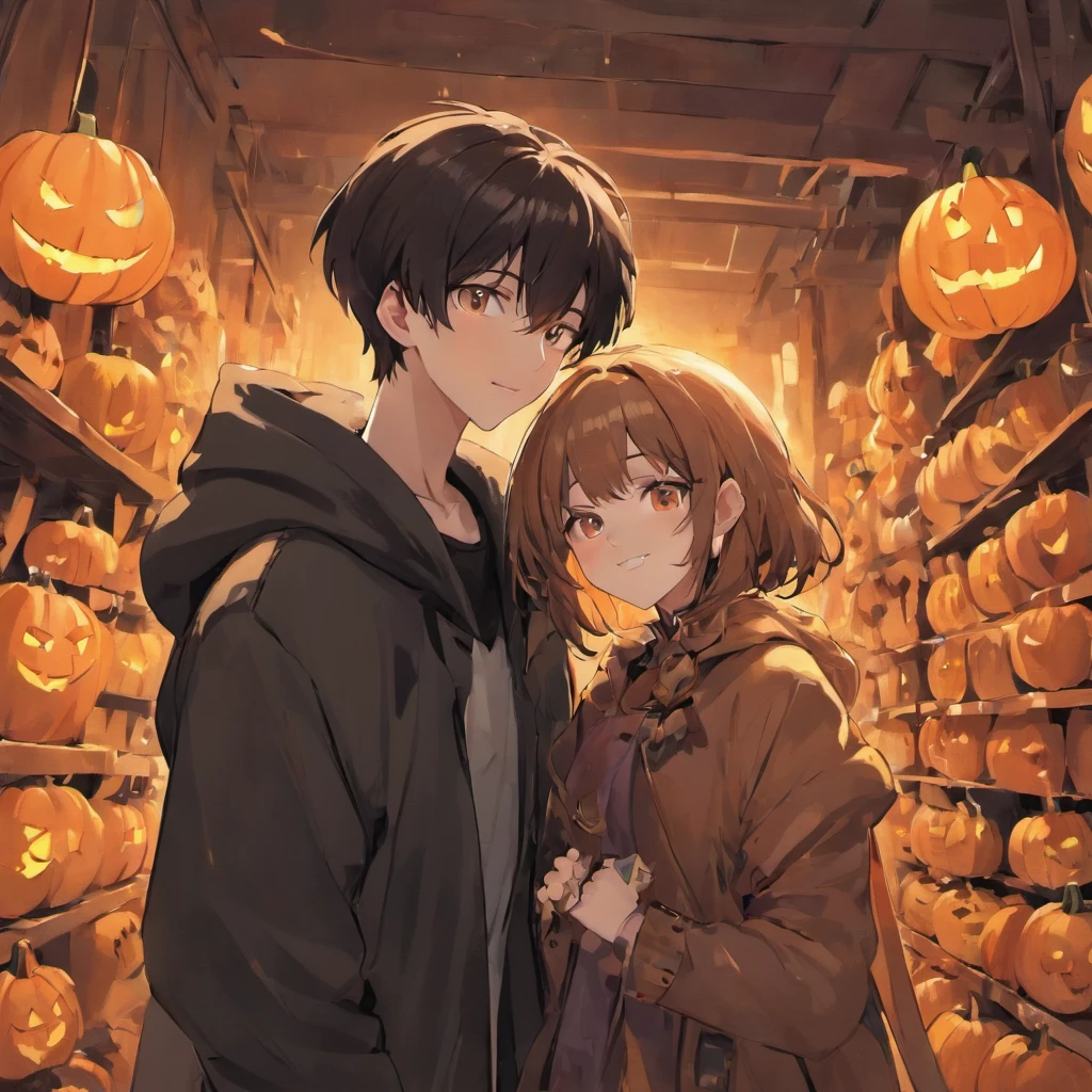 a couple,Halloween,Pumpkin background,Handsome black-haired man,Brown-haired woman、coat、Have a game controller、A smile、parka、video game、Yuki