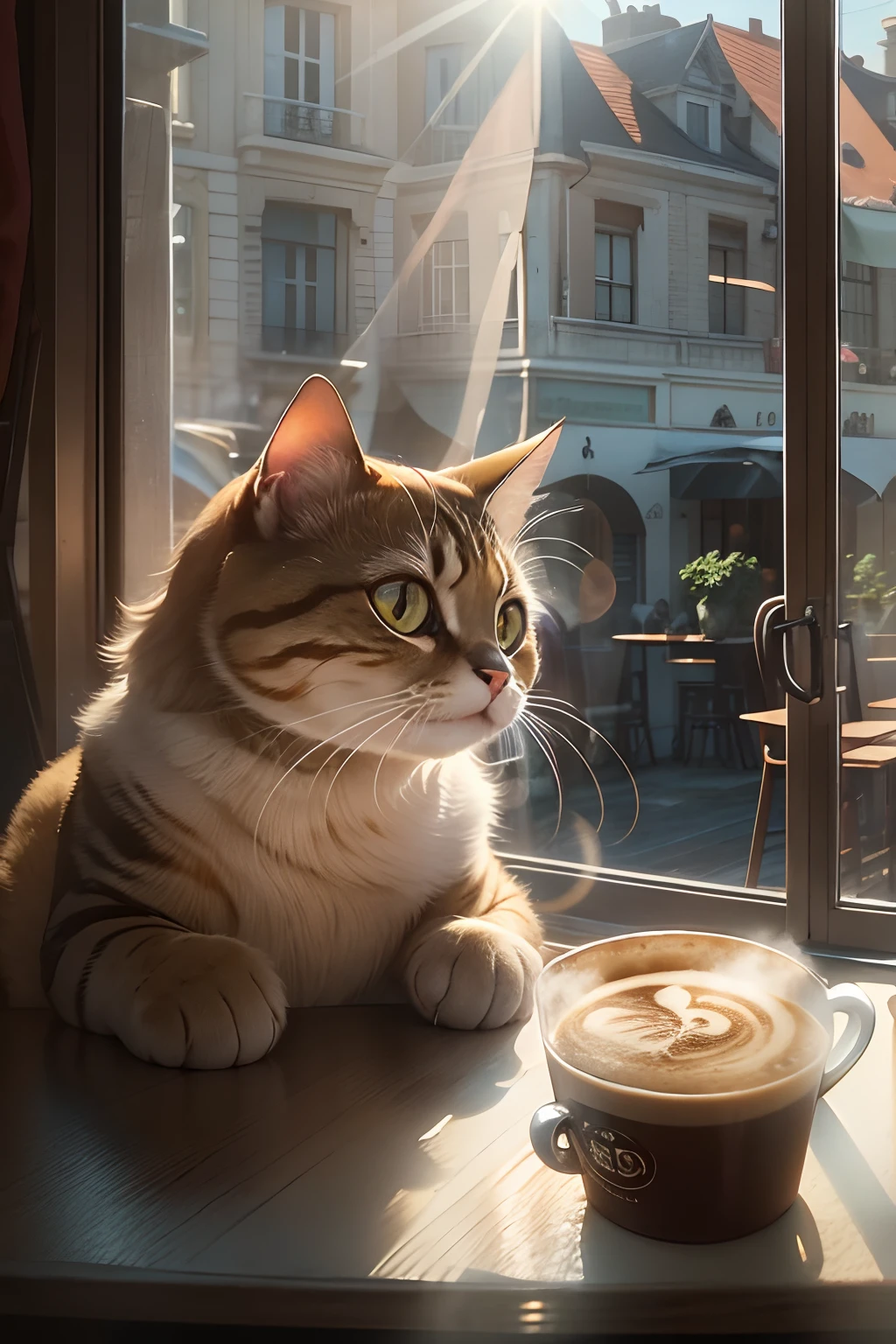 There is a cat sitting on a table next to a cup of coffee - SeaArt AI
