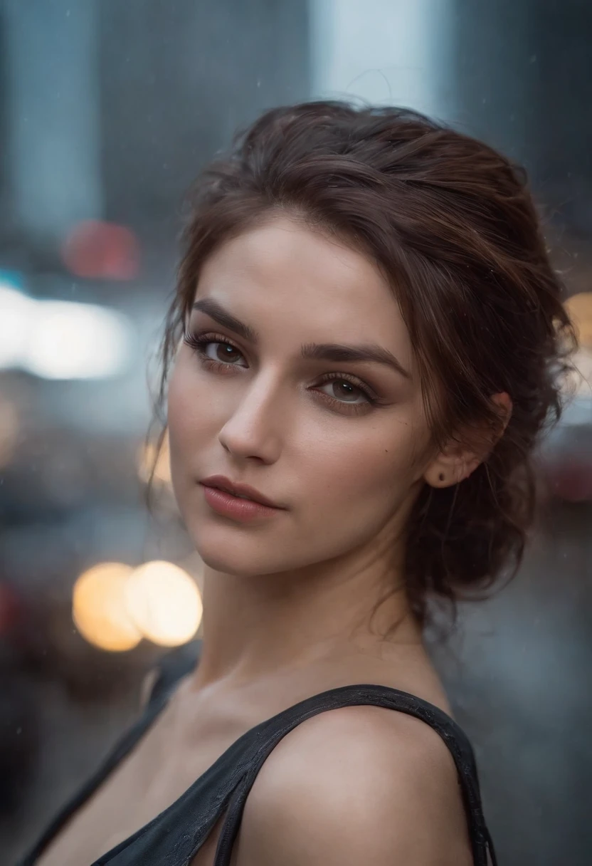 Mulher extremamente atraente, Foto cyberpunk, em cyberpunk city, modelo bonito da mulher cyberpunk, estilo cyberpunk hiper-realista, Garota cyberpunk, (seios gigantescos 1.4), bunda grande(2.1), noite(It's rainy), cabelo ruivo, roupa muito justa, (realista 8k, hdr, foto-realista) extremamente detalhada, roupas apertadas, na chuva