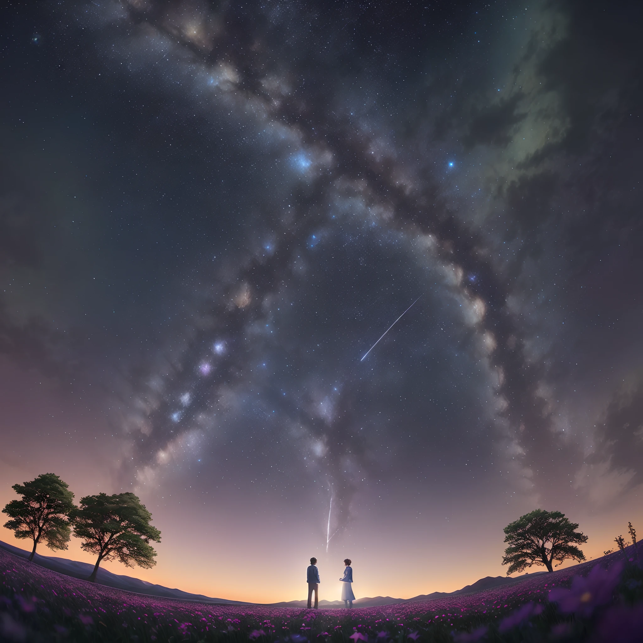 By Shinkai Makoto, Vast landscape photos , (View from below，Displays the sky above and below clear skies), Boy and girl standing in a flower field and looking up,  ( meteors:0.9), (Starcloud:1.3), Tree Break Production Art, (starrysky:1.2), (firefly:1.2), Starry sky、Lots of shooting stars
