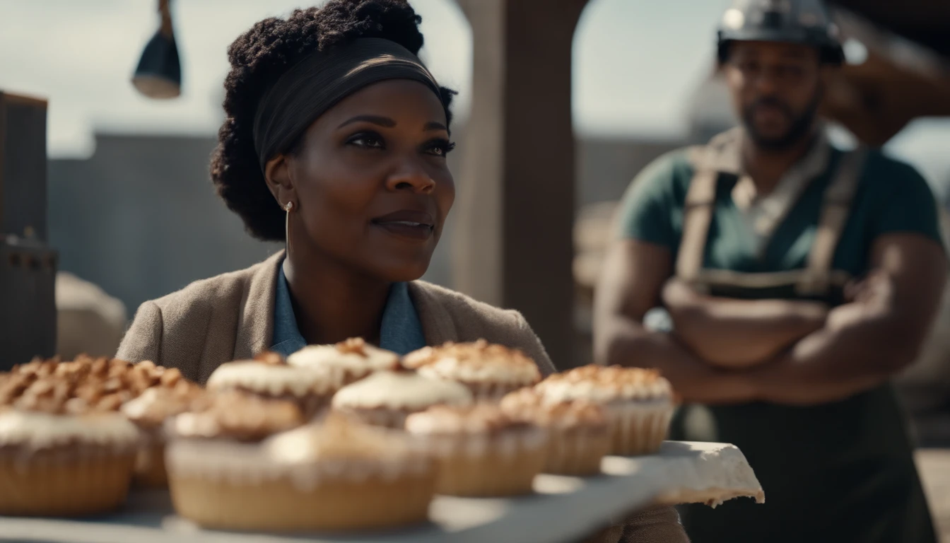 a black woman selling cakes at a construction site