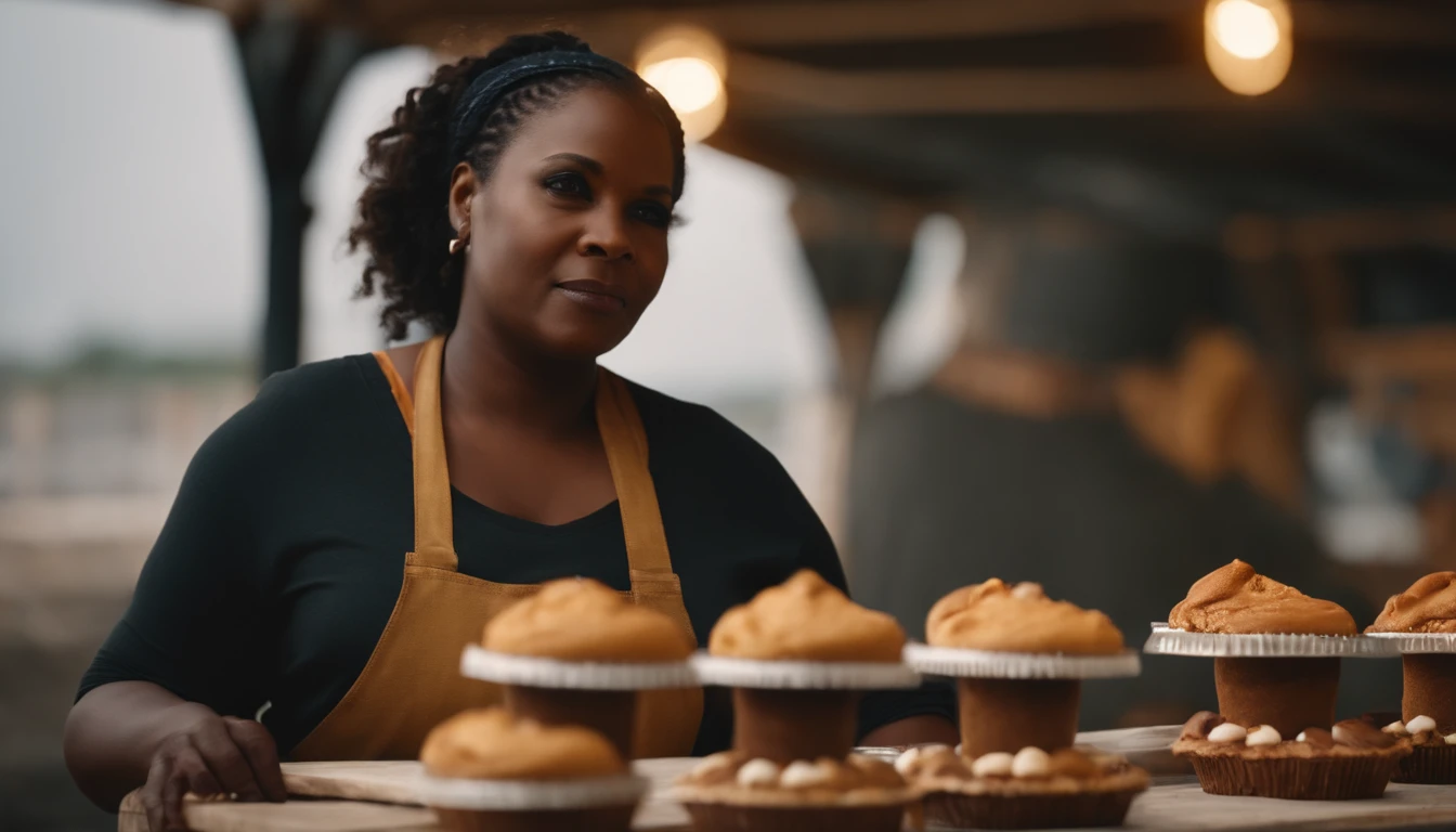 a black woman selling cakes at a construction site