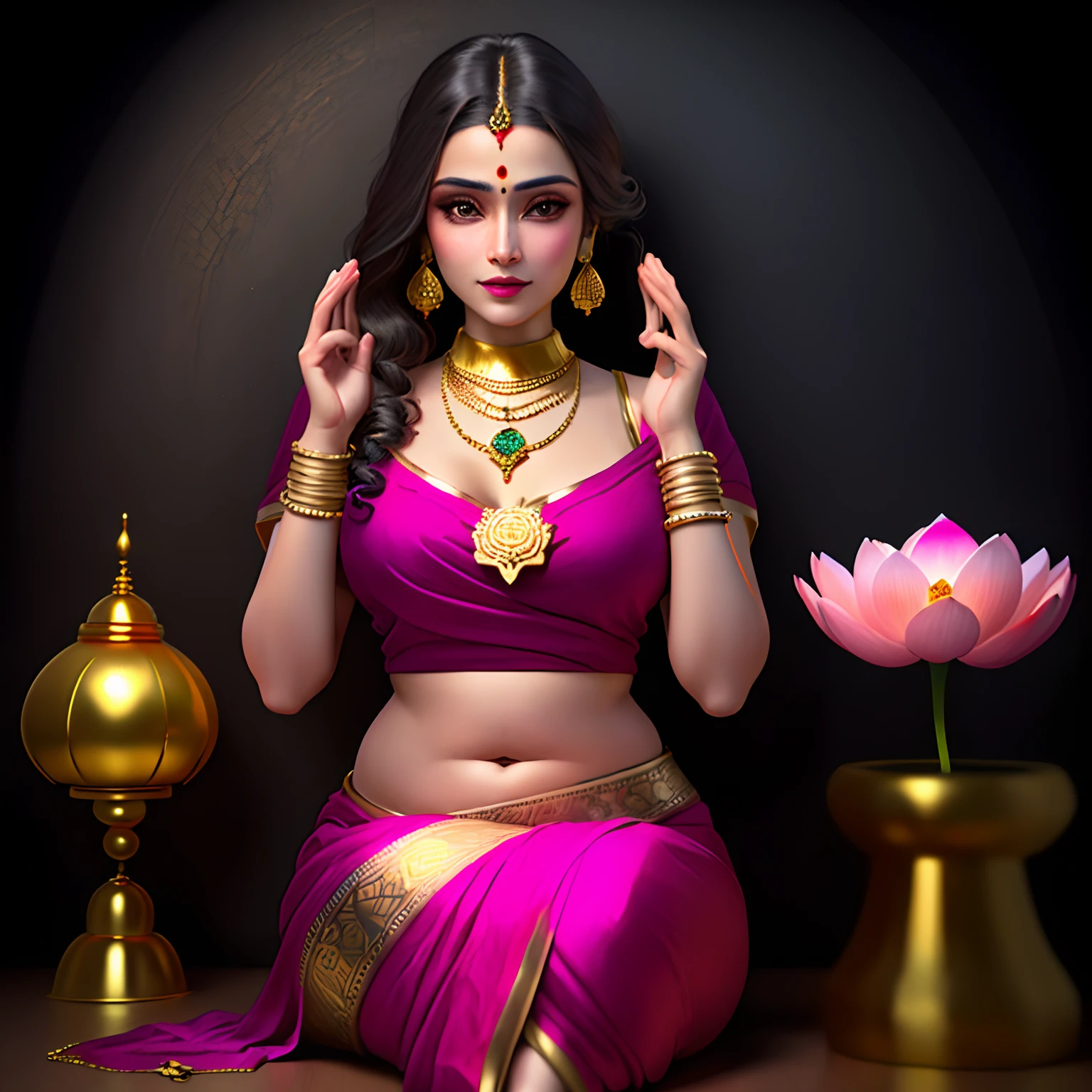 Mother Lakshmi, Pang Kachalakshmi, Dress in pink and gold Indian sari, It has a beautiful Indian face., Red spot in the middle of the forehead,
Plump but strong body shape, Compassionate faces,There are silver and gold jewelry and are made of beautiful gemstones., Sit on a large pink lotus flower,
Wearing a golden crown, the Indian style is very beautiful.,high-detail, Like a real person., There is a soft splash of light., 3D lighting,deep depth of field,Long black curly hair
, With 4 hands, 2 hands on the back beautiful pink lotus flower mobile, The front right hand is raised to chest level, blessed with the symbol of Mother Lakshmi.
, The front left hand scattered a large number of gold coins., Wearing a very beautiful jewelry necklace.,There are elephants on the left and right sides facing Lady Lakshmi.
, Wear Indian jewelry