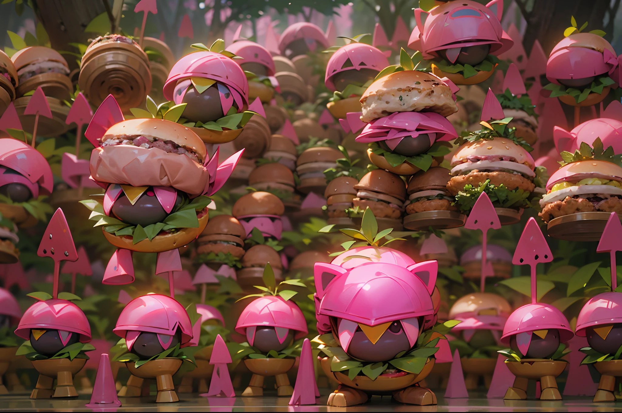 A pink forest，There are armies of anthropomorphic hamburgers everywhere, Each hamburger soldier carries a weapon. Even the leader held a huge metal shield. They are neatly arranged，Sequence through the jungle，And disappear from the portal at the end of the forest，

Labels: (Best quality, 4K, A high resolution, Masterpiece:1.2), Ultra-detailed, Realistic:1.37, Pink Forest, hamburgers, Army, Weapons, leader, metallic shield