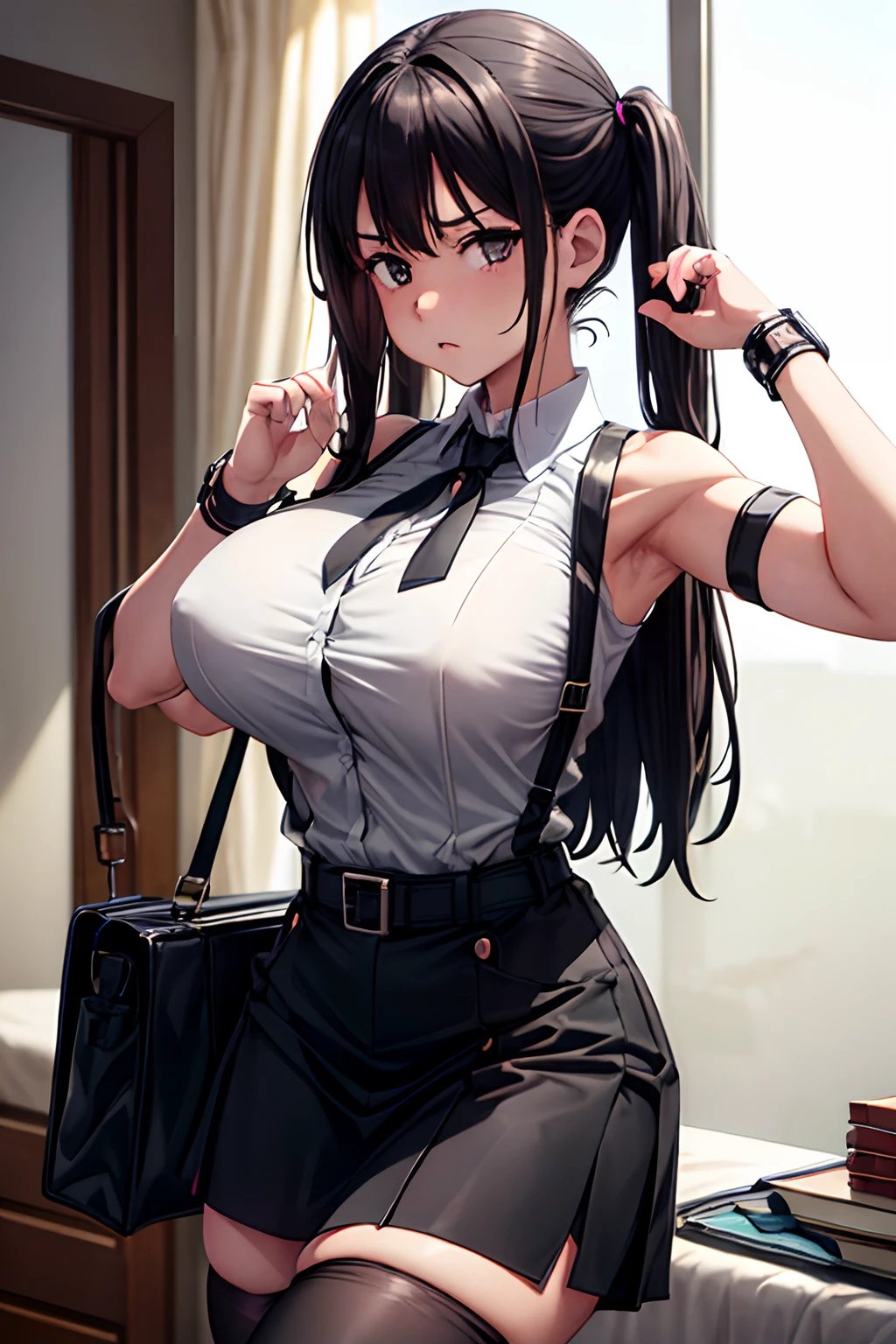 Suit,Collared shirt,Belt bag,Suspenders Black Miniskirt　garterbelts　knee high　Stockings　Black Niso　Colorcon armpit sweat　perspiring　Side of both hands,Black tank top,Gaze,Colossal tits,Armpit sweat,Exposing the armpits"Tight clothes、raise two hands、wristbands　Lying in bed　　　Behind the back　Forehead Center