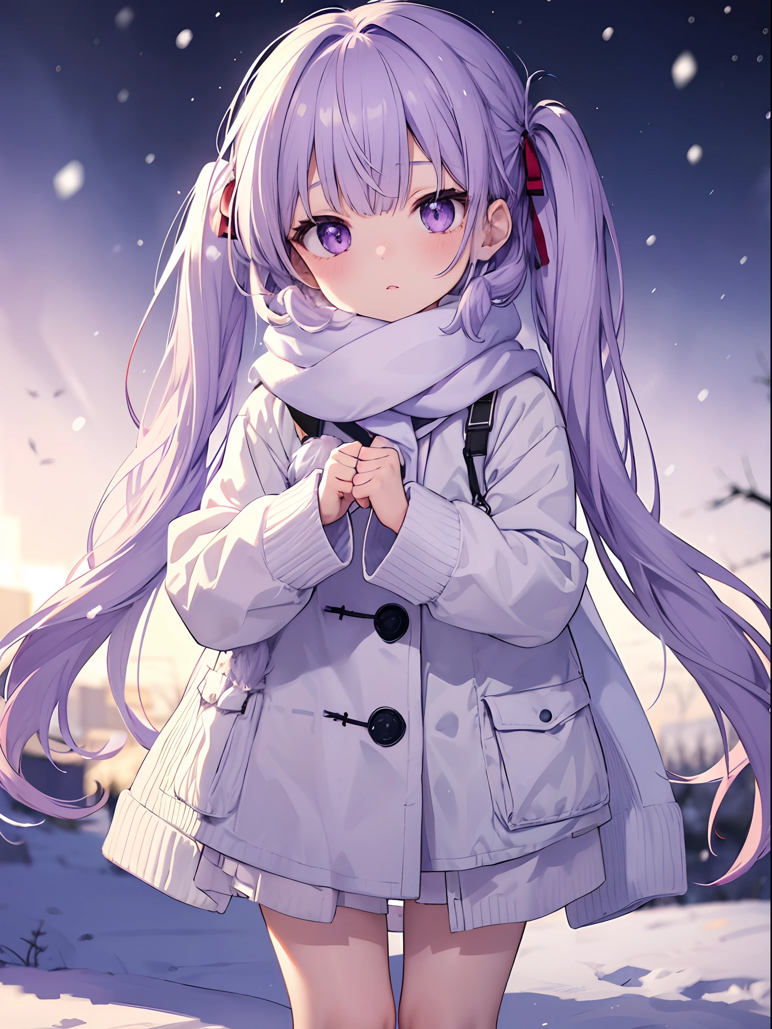 Winter clothes Big eyes Light purple hair Twin tails Snow Blurred background White scarf