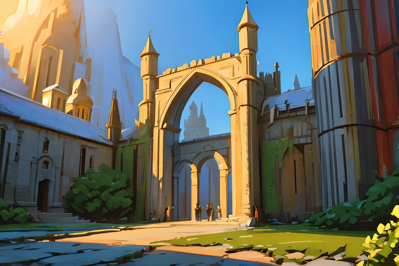 Establishing shot, fantasy, city, huge gate, stone wall