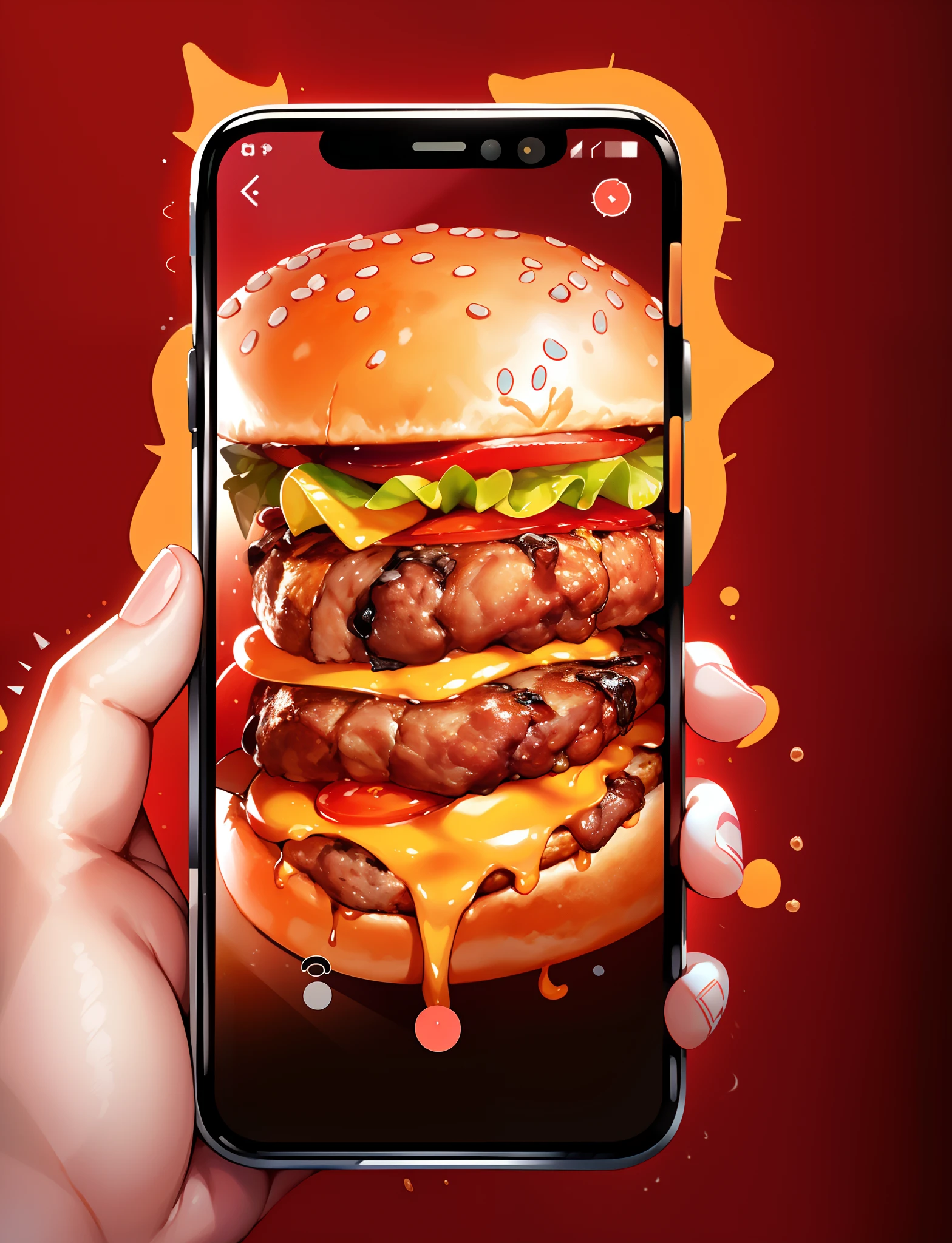 There is a close-up of a hamburger on the phone，The hamburger is about to crawl out of the phone，（Blue-yellow background）food commercial 4 k, food advertisement, operating on burgers, super realistic food picture,  food photography 4 k, hamburgers, Inspired by Heinz Anger, big juicy burger, 2 4 miles/sec, 24mp, Augmented reality,