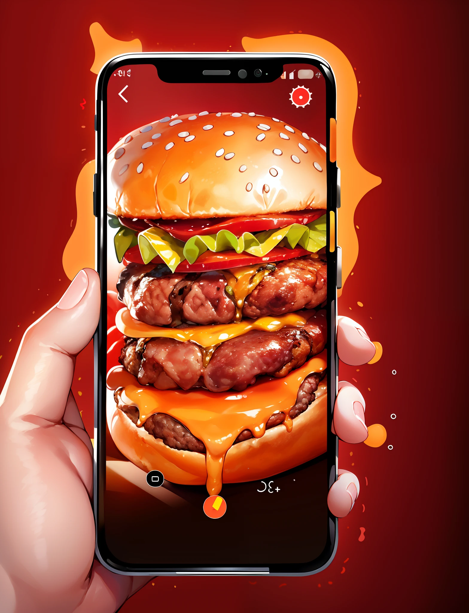 There is a close-up of a hamburger on the phone，The hamburger is about to crawl out of the phone，（Blue-yellow background）food commercial 4 k, food advertisement, operating on burgers, super realistic food picture,  food photography 4 k, hamburgers, Inspired by Heinz Anger, big juicy burger, 2 4 miles/sec, 24mp, Augmented reality,